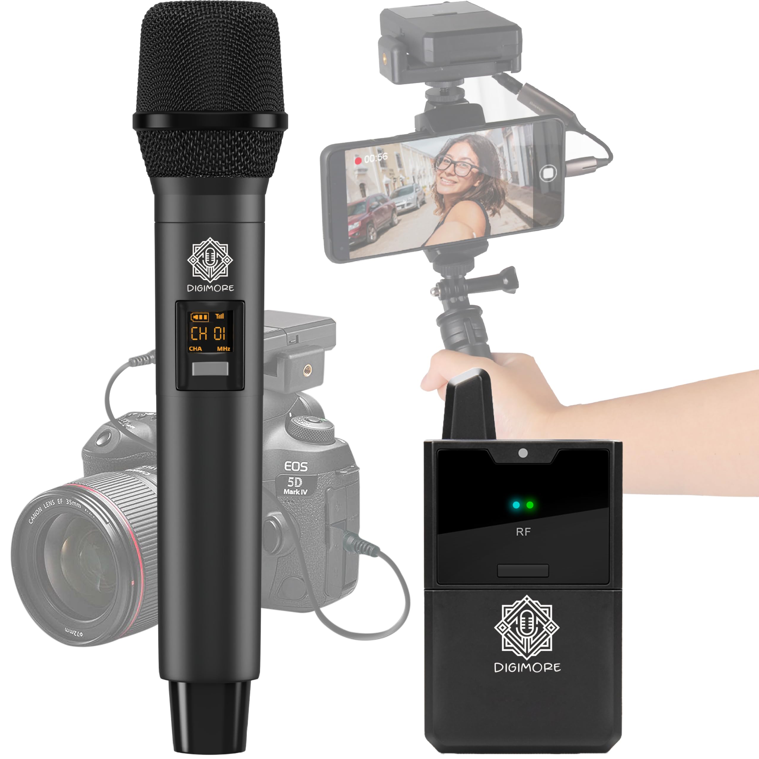 DIGIMORE Wireless Handheld Microphone System | Hand Held Mic | Compact Wireless Receiver | 30 UHF Channels | 164ft Range | for Camera, Smartphone, Vlogging, News & Public Speaking (D-343H)-image-37