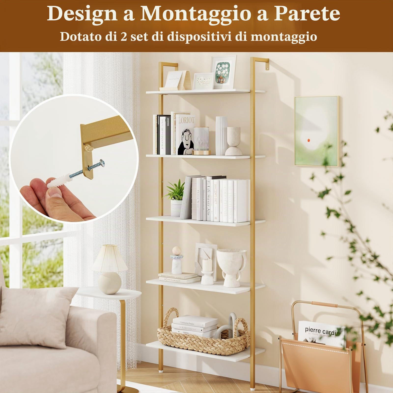 HOMASIS Scaffale a Scala a 5 Livelli, Libreria da Parete con Telaio in Metallo e Piedini Regolabili, Libreria a Muro con Protezione Anti-ribaltamento per Salotto, Ufficio (Bianco, 64 x 30 x 178 cm)