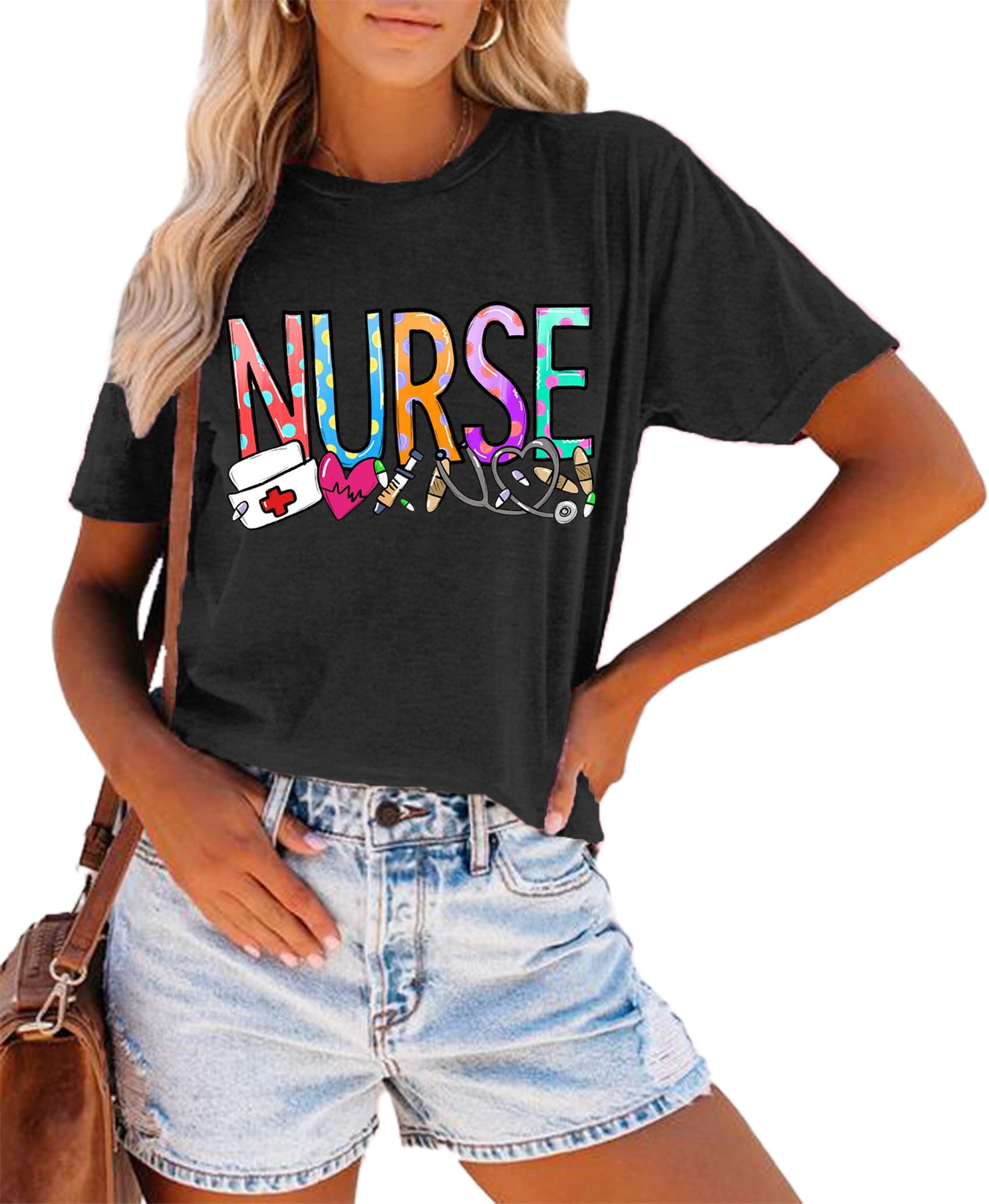 MEESHEEPNurse Shirt Women Nursing Student T-Shirt School Nurse Gift Casual Short Sleeve Inspirational Tee Tops