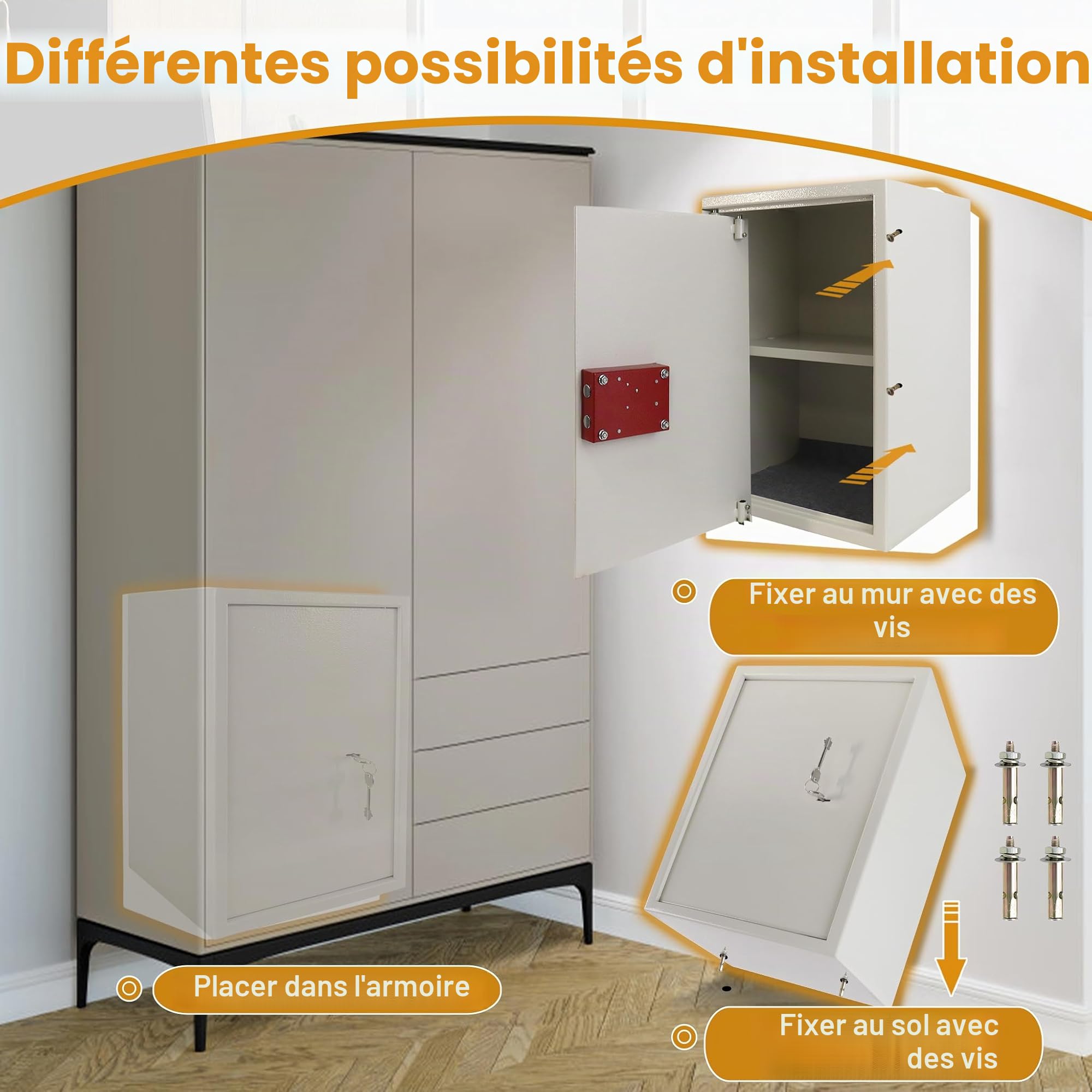 Tresor Coffre-fort ignifuge et étanche (35 x 31 x 50 cm – XL) avec 2 clés – Armoire à monnaie pour argent, bijoux, médicaments, coffre-fort de meubles comme coffre-fort mural ou au sol