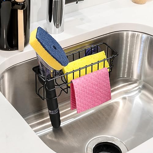 Miniatura 6 de Soporte de esponja 3 en 1 para fregadero de cocina, 2 opciones de suspensión (tazas de succión y gancho adhesivo), organizador de fregadero colgante