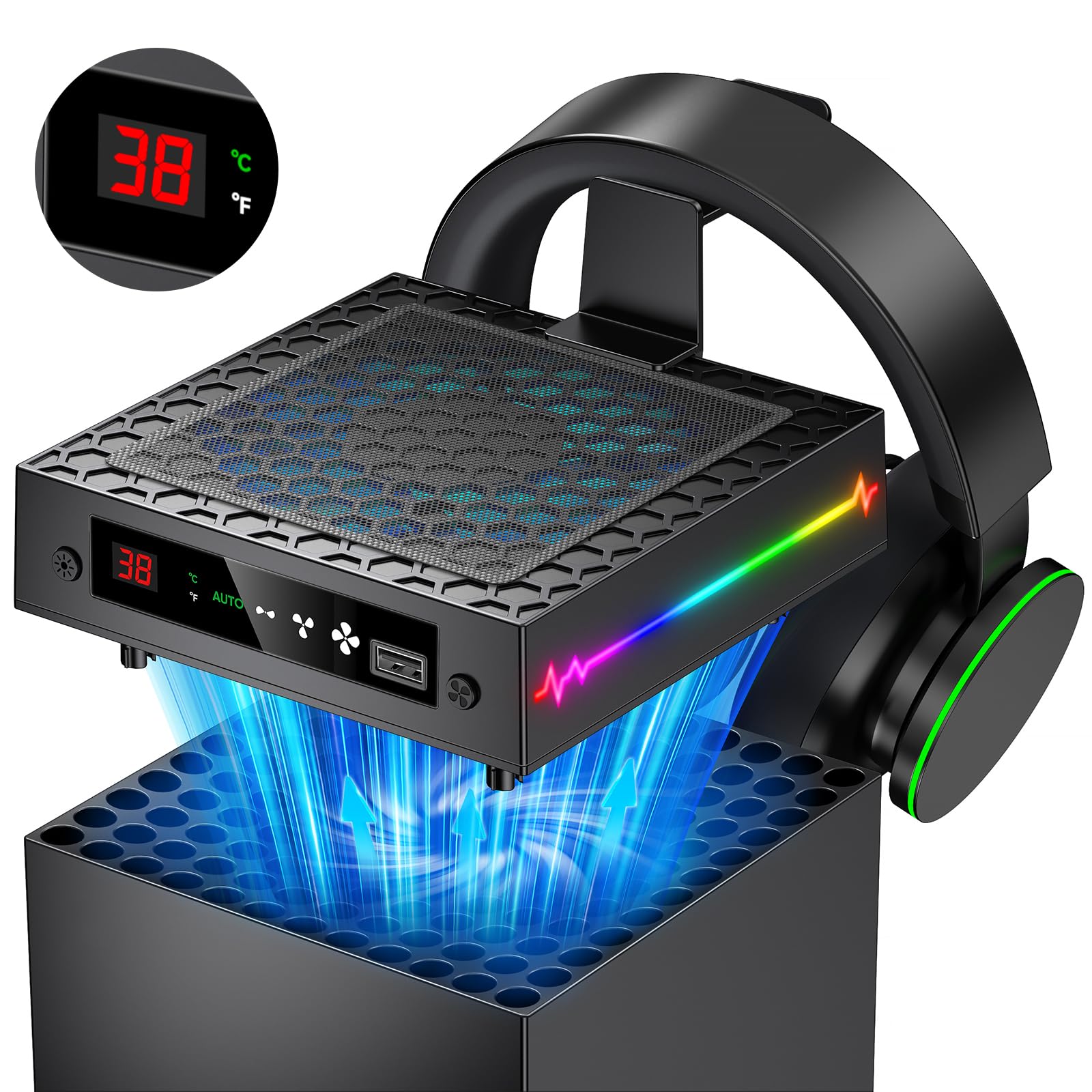 [LED Display] - Auto Cooling Fan for Xbox Series X with 9 RGB Light Modes, Cooling System Adjustable by Temperature with 4 Gears for Xbox Series X Console,Cooler & Light Switch,Headset Hook,USB Port
