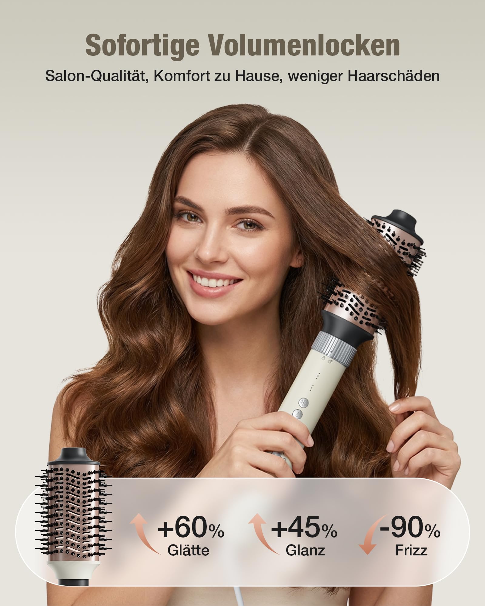6-in-1 Hairstyler, Airstyler, Lockenstab, 110000 U/Min Hochgeschwindigkeit Lonen Föhn Locken oder Glätten, Föhnbürste Warmluftbürste Rundbürstenföhn Lockenföhn Haartrockner- Cremeweiß