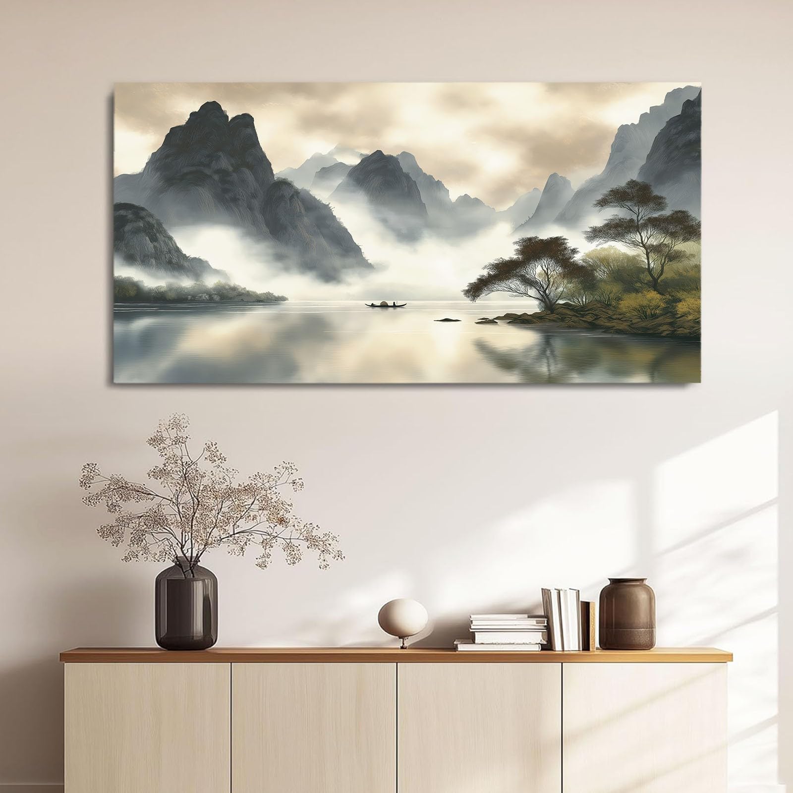 Obraz na płótnie, natura, krajobraz, XXL, obraz ścienny, dekoracja ścienna, 120 x 60 cm, druk artystyczny na płótnie z drewnianą ramą, szary góra jezioro, dekoracja ścienna do salonu, sypialni, biura