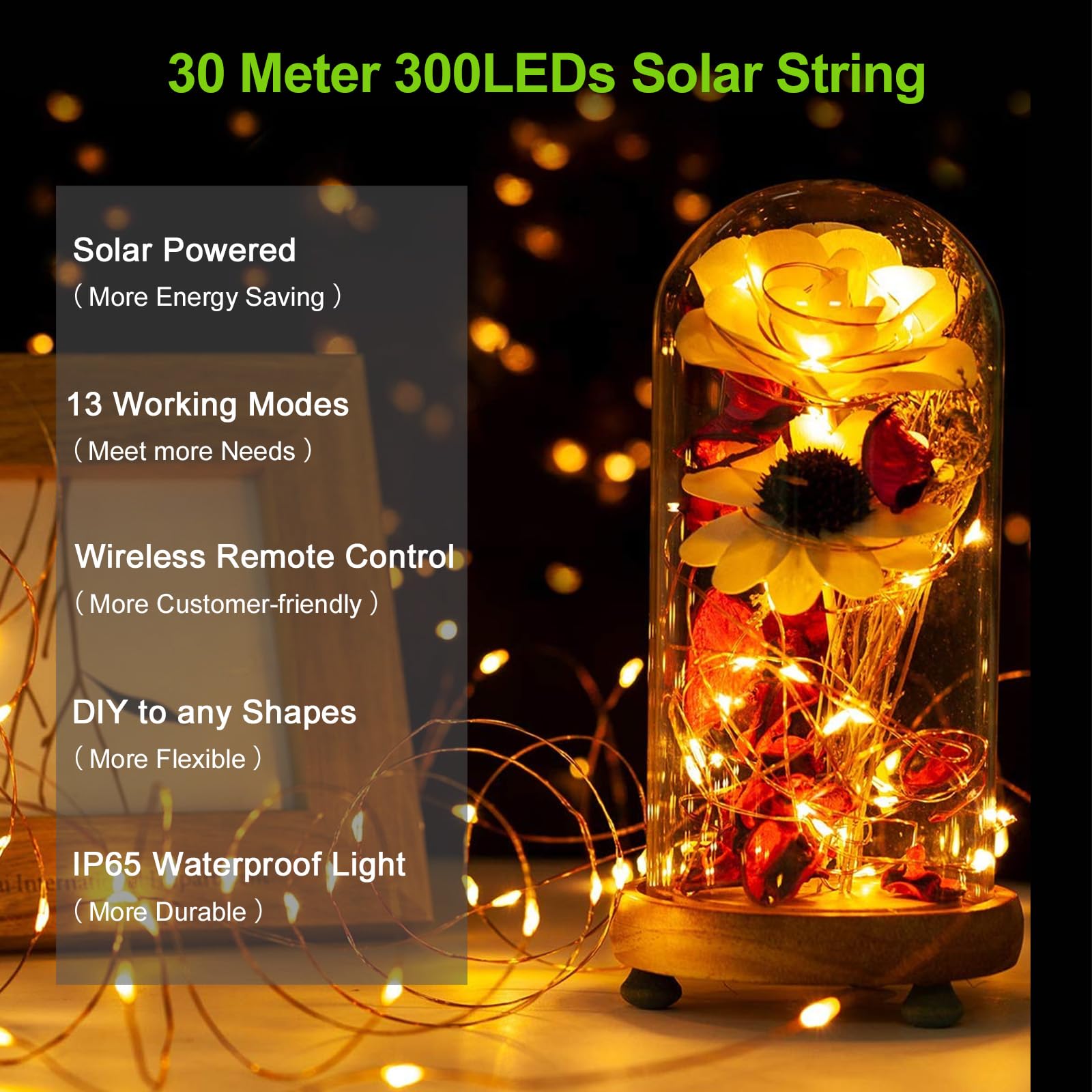 Luci Solari Esterno con connettore Type-C, 30m 300 LED Catena Luminosa Esterno Solare con 13 modalità, telecomando e timer, luci da esterno giardino solari impermeabile IP65 per il giardino e le feste