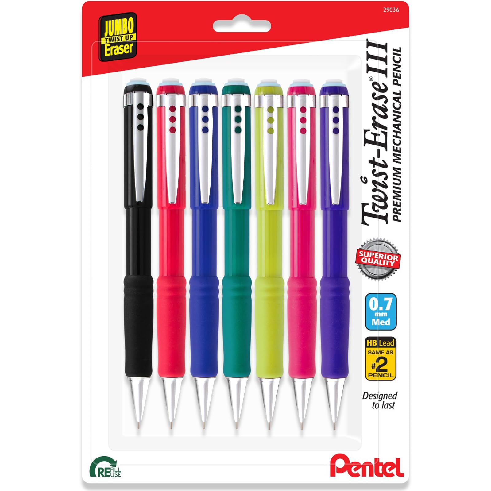 Pentel Twist Erase III - Portaminas de 0,7 mm, mina HB de polímero Super Hi precargada, paquete de 12 unidades, barriles de colores surtidos