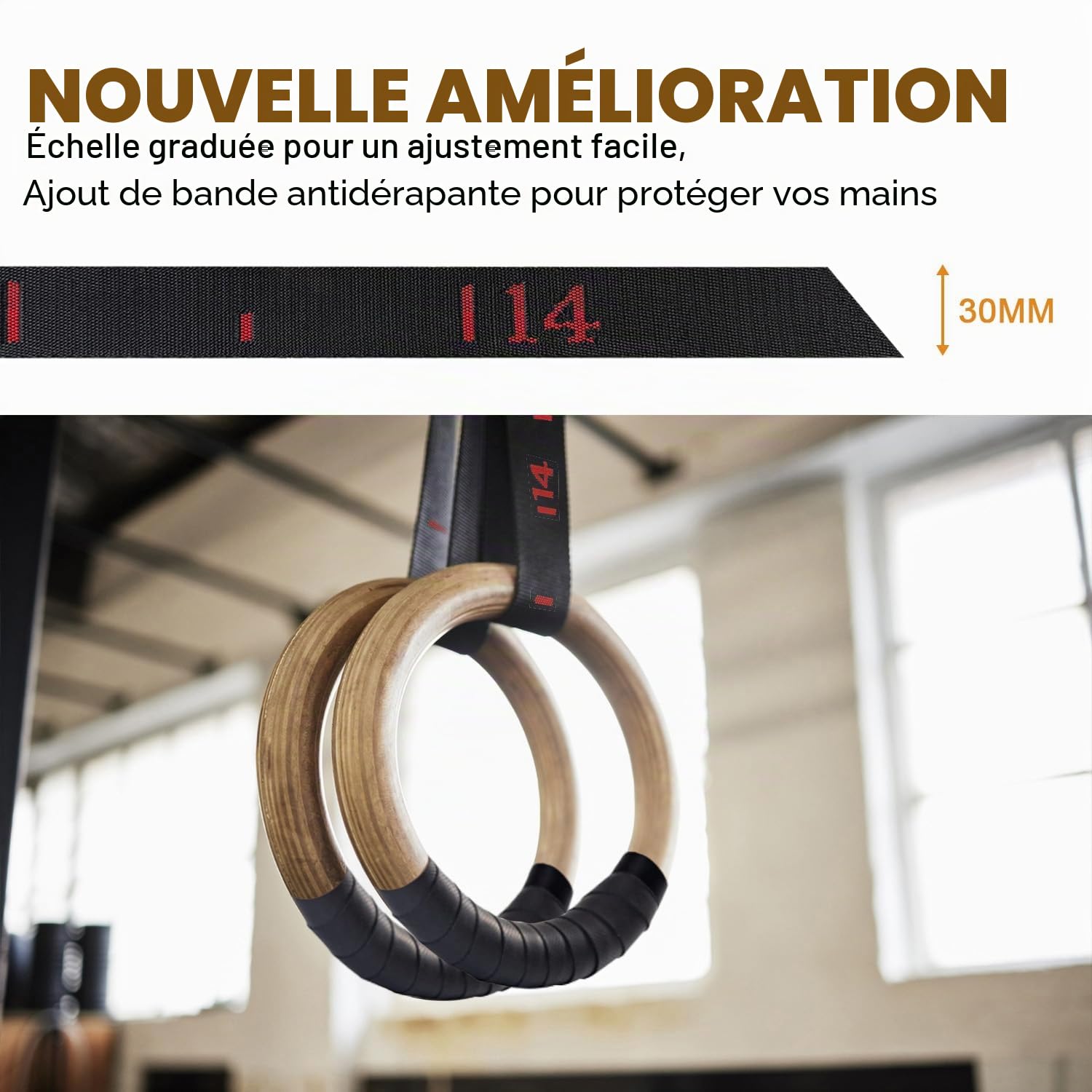 5BILLION Anneaux Gymnastique en Bois - Anneaux Olympique - Diamètre 28mm/32mm Réglable Suspension Training Exercice Fitness pour Pull Up, Musculation，Home Gym avec 2* Bandes en Nylon