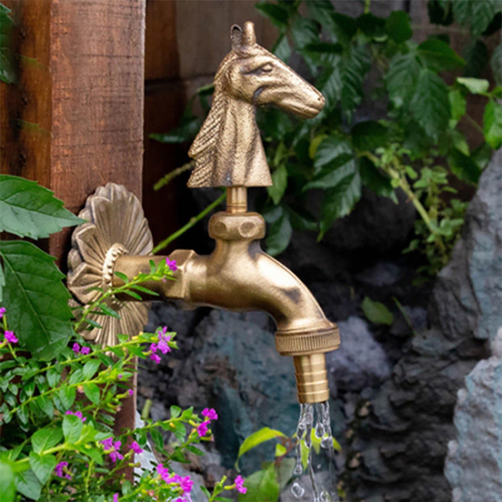 Outdoor Faucet Brass Garden Yard Faucet Wall Mounted Tap Decorative Exterior Faucet Applicable to Garden Irrigation and car Washing(Golden Pony)