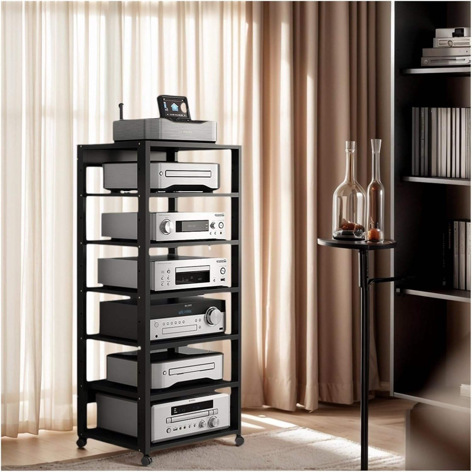 HiFi Rack AV Shelf 7 Tier Audio Rack Tower, CD Record Player Stereo Receiver AV Equipment Cabinet Display Rack, Multi-Scene Use Media Shelves For Living Room(Black)