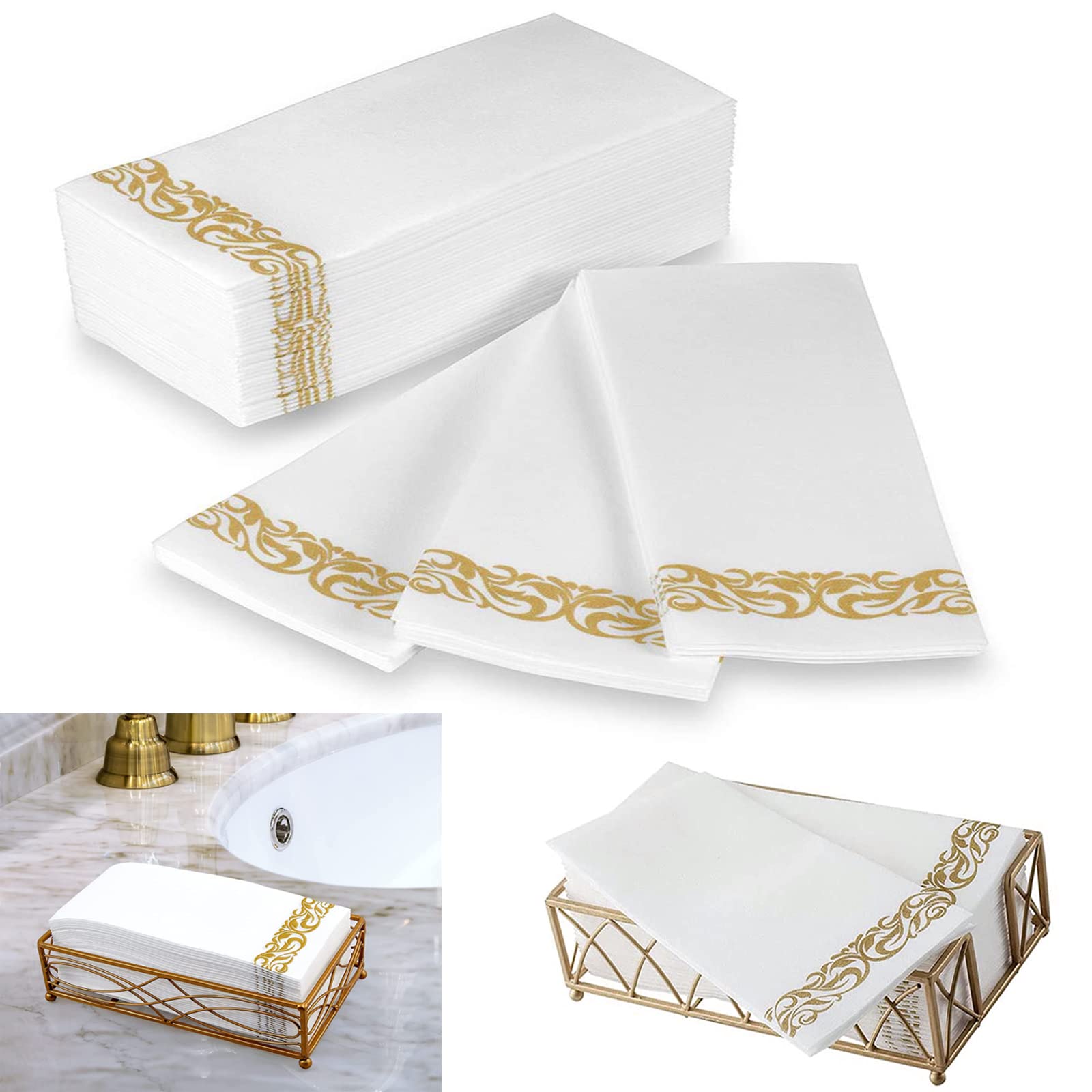 Esmartlife100 Disposable Hand Towels,guest towels disposable,Soft and Absorbent Line-Feel Dinner Napkin for Kitchen Bathroom,Parties,Dinners or Events(Gold)