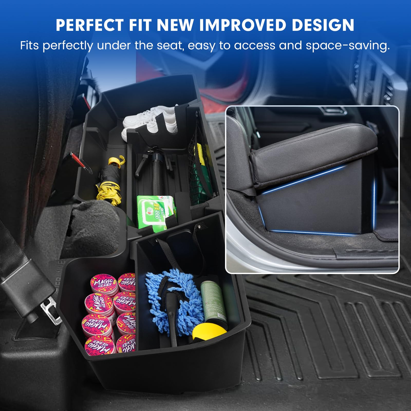 Detachable Under Seat Storage for 2019-2025 2026 Chevy Silverado/GMC Sierra 1500 2500HD 3500HD, Durable ABS Rear Underseat Organizer Box 6PCS Kit with Mesh Pocket & Inner Bin, Silverado Accessories — view 7