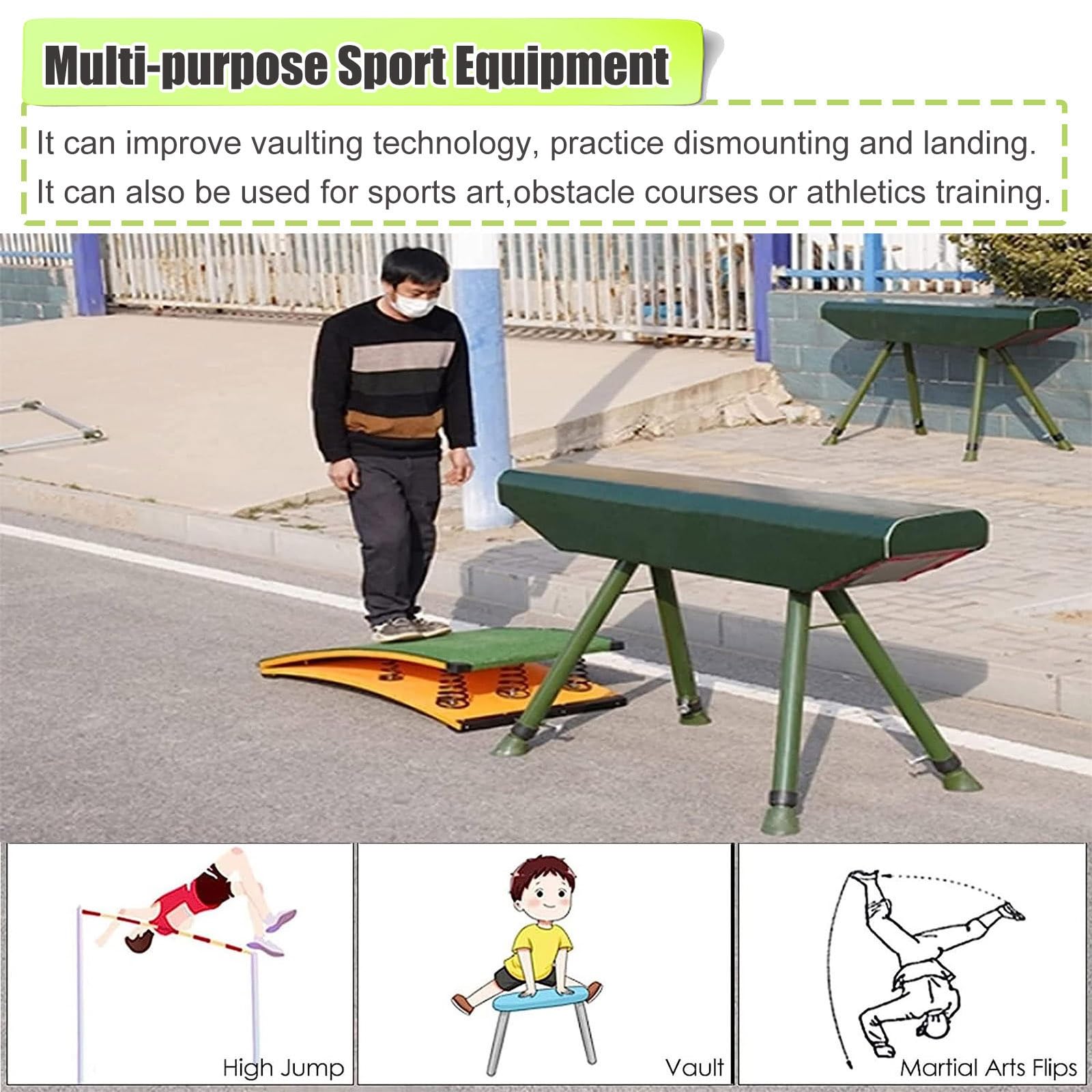 Trampolino Professionale per Centro di Ginnastica, Attrezzatura Sportiva per Allenamento Atletico Indoor e Outdoor/Ginnastica, Trampolino Curvo in Legno Duro,Green 2 Springs50x80x20cm