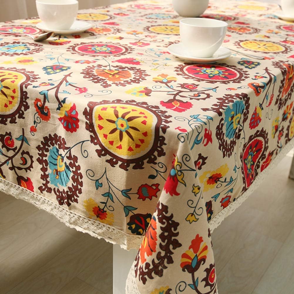 eTRY Bohemian Style Sunflower Cotton Linen Lace Rectangle Tablecloth Washable Table Cover for Kitchen Dinning Picnic Tabletop Oblong 55 x 86 Inch