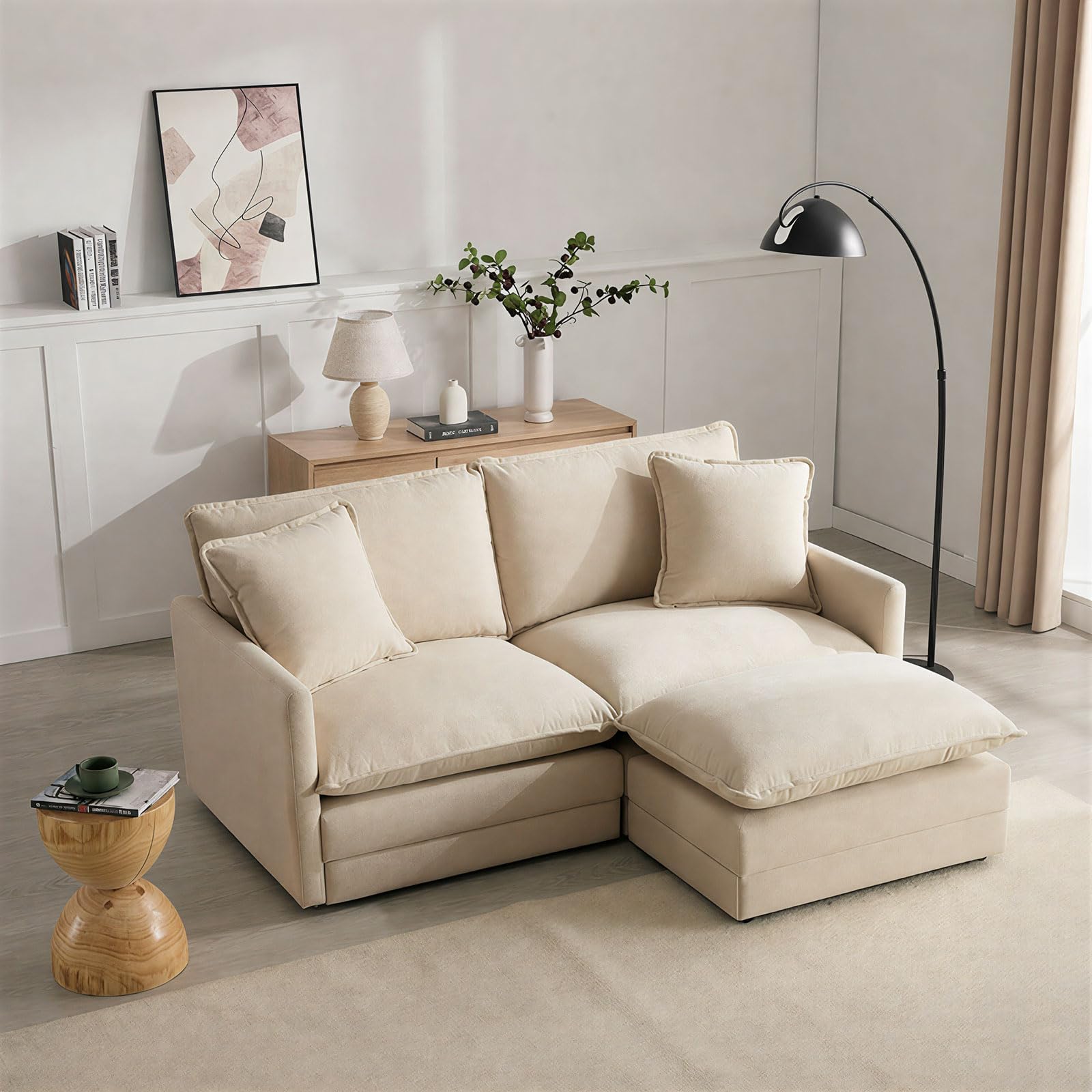 Chenille Oversized 2 Chairs with Ottoman - Large Comfy Reading Chair, Modular Cloud Sofa Chair with Ottoman, Cozy Armchair for Living Room, Bedroom, Kids Room, Reading Nook, Sand Beige