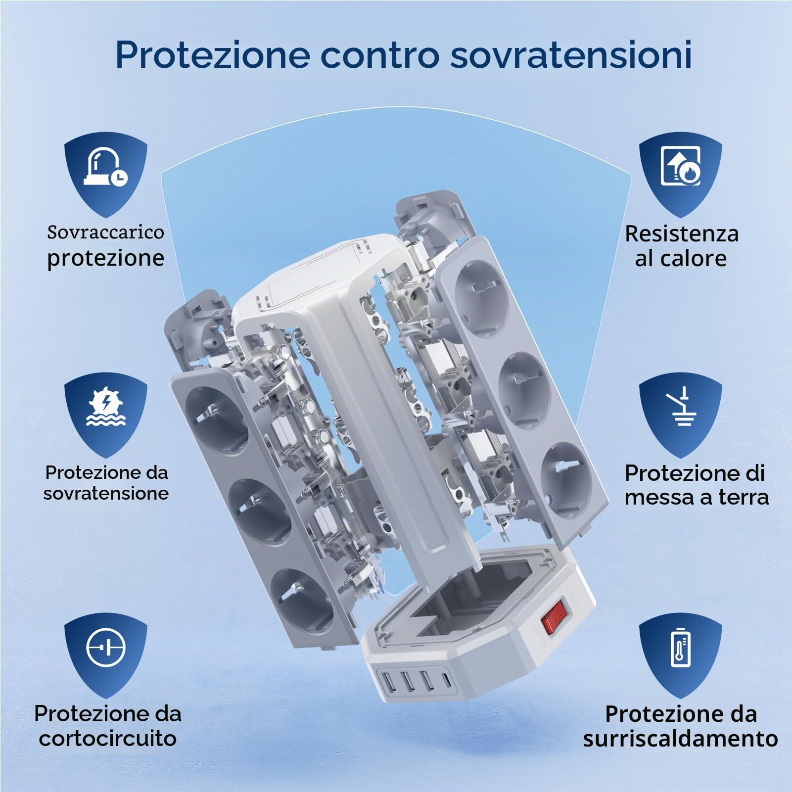 Sameriver, Ciabatta multipla con interruttore, 12 prese, con 3 USB A+1 USB C, ciabatta con cavo di prolunga da 5 m, protezione da sovratensione per casa, ufficio F (Schuko)