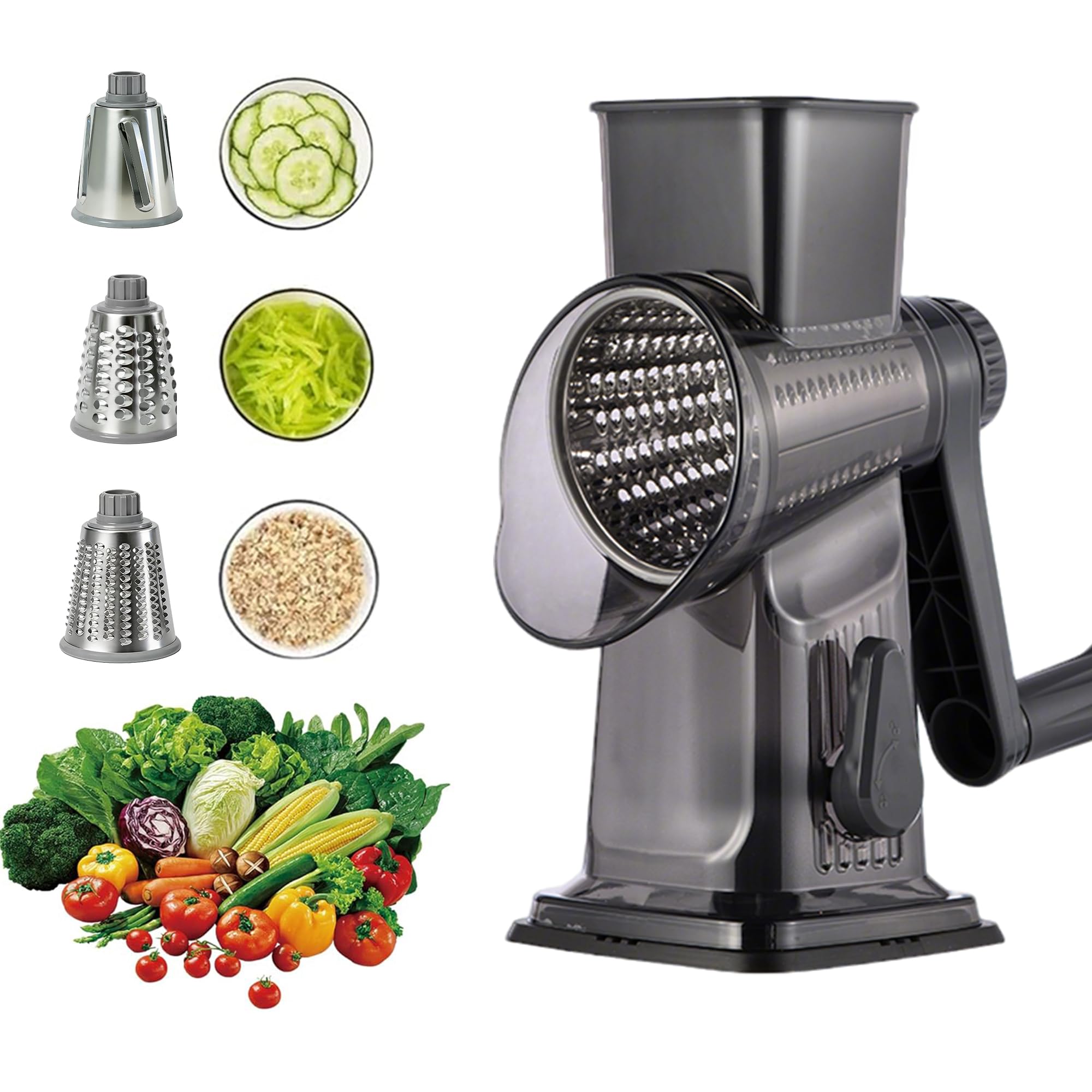 Spylandy Rotary Cheese Grater, 3-in-1 Manual Vegetable Slicer with Handle, Safer Kitchen Mandoline Shredder with Suction Base for Cheese, Nuts,