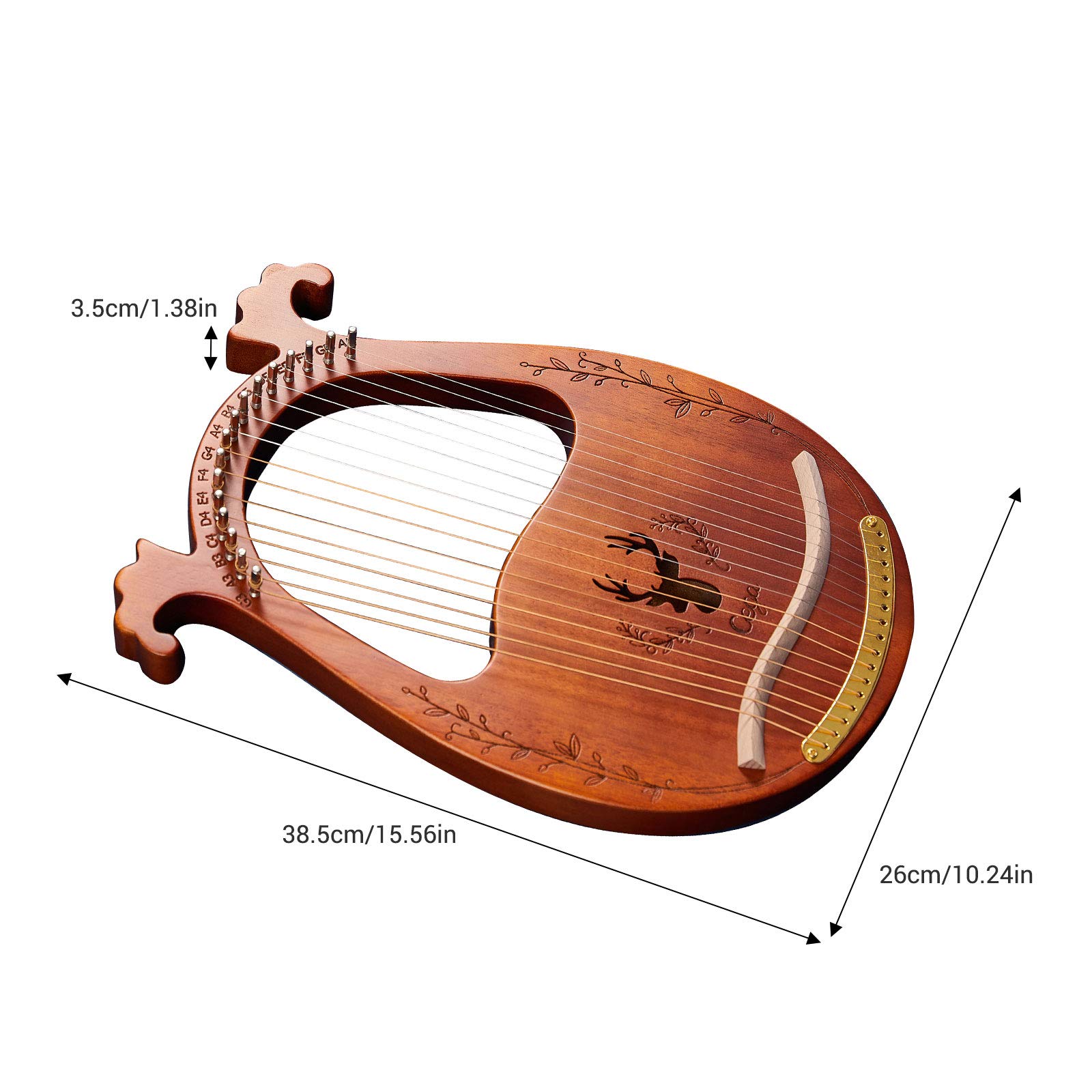 Lyre Harp 16 Cordes Métalliques, Selle en érable, Corps en Acajou, 3 Couleurs en Option avec Icône en Bois (Café)