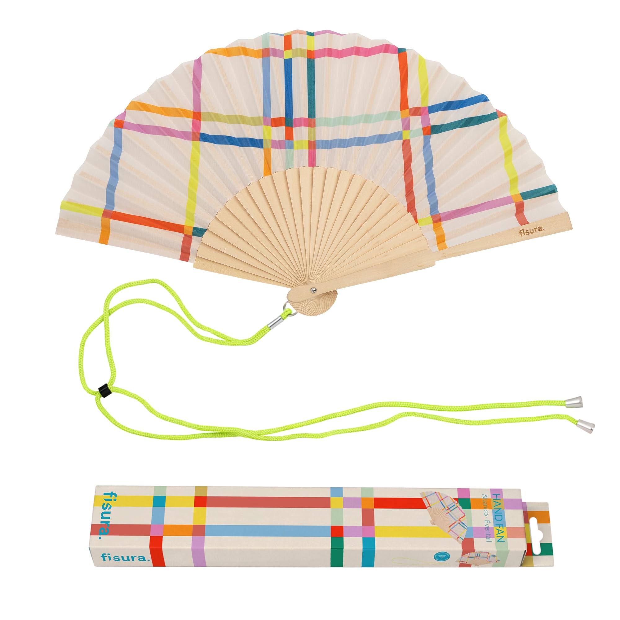 Fisura – Original Geometric Print Folding Fan, Modern and Colourful Folding Handheld Fan, Multicolour Design for Wedding, Rave, Festival - Includes Strap. Size: 42.5 x 23 cm