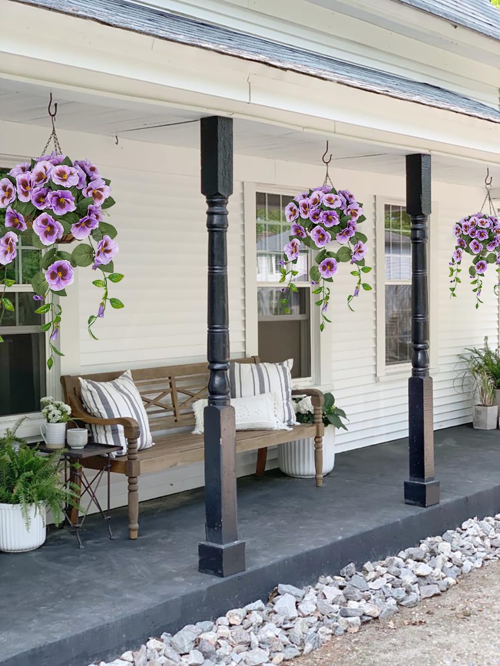 Hollyone 17.7" Hanging Basket Artificial Flowers Outdoor, Silk Pansies Purple Fake Flowers - Image 3