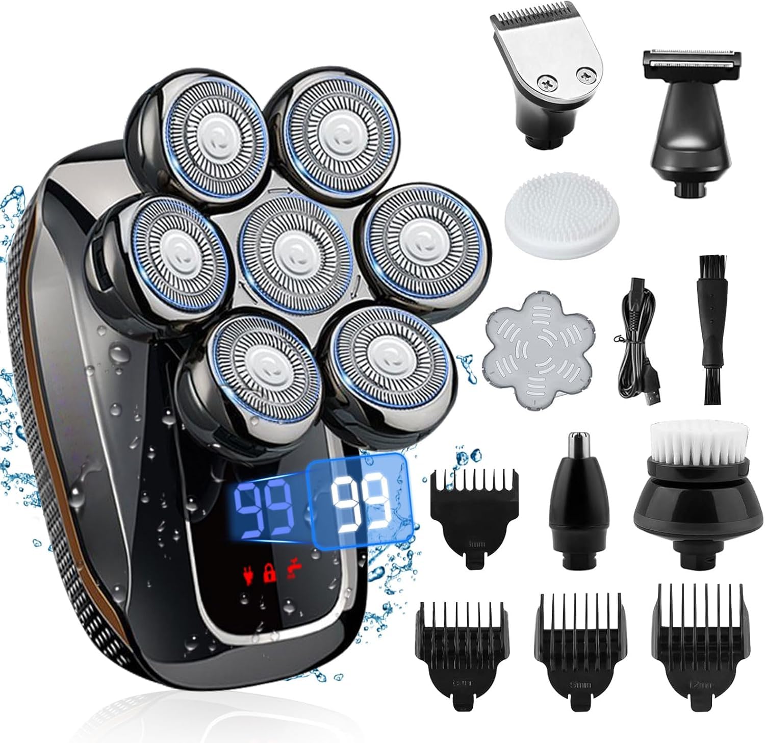Rushmore Rose USA Afeitadora Cabeza Hombre, Maquina Afeitar Cabeza 6 en 1, Uso Húmedo y Seco, Recargable con Pantalla LED, Multifuncional para Nariz Rostro, Hombres Adultos