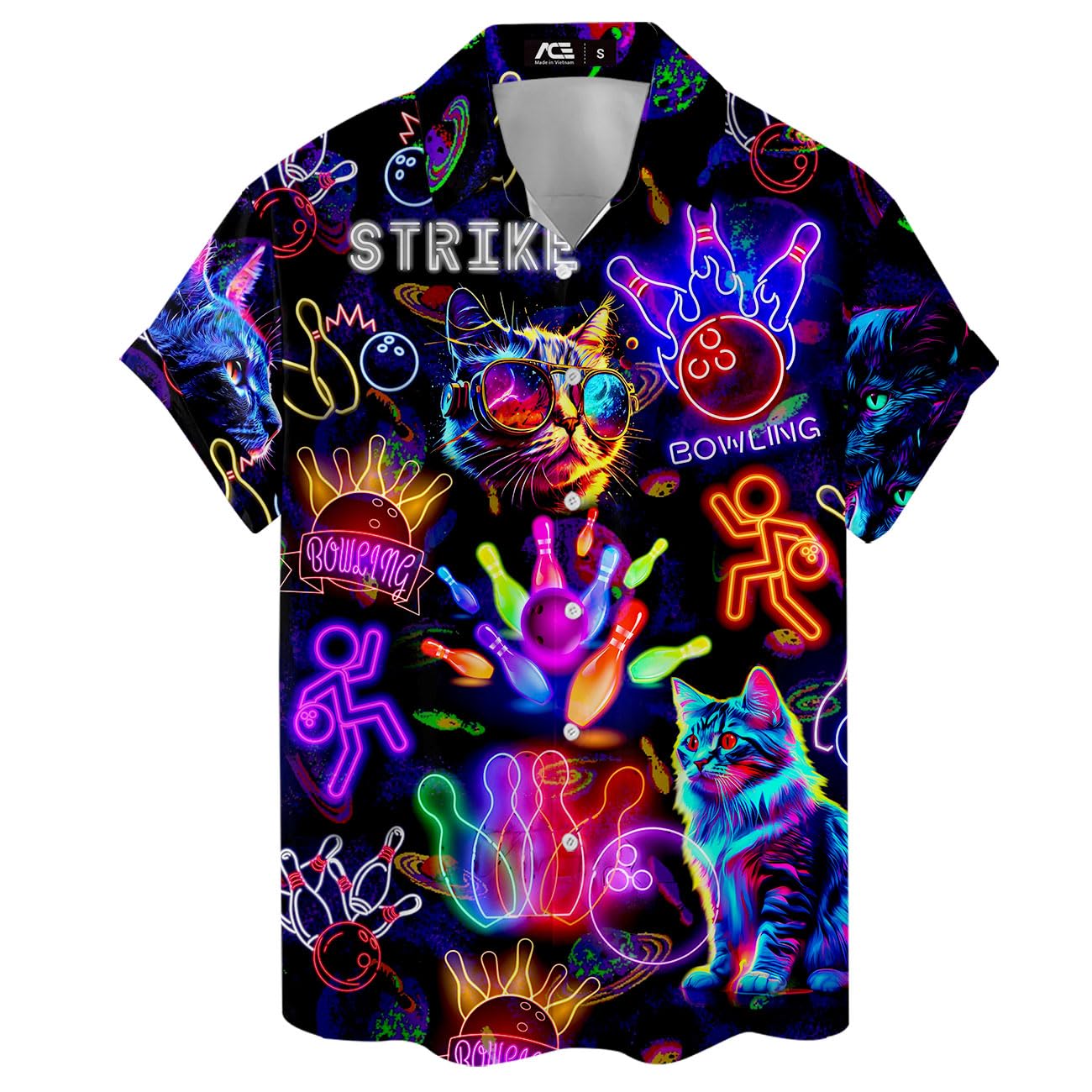 Neon Bowling Cat Hawaiian Shirt for Men Aloha Bowling Cats Mens Hawaiian Shirts Casual Short Sleeve Button Down Shirt Men A1