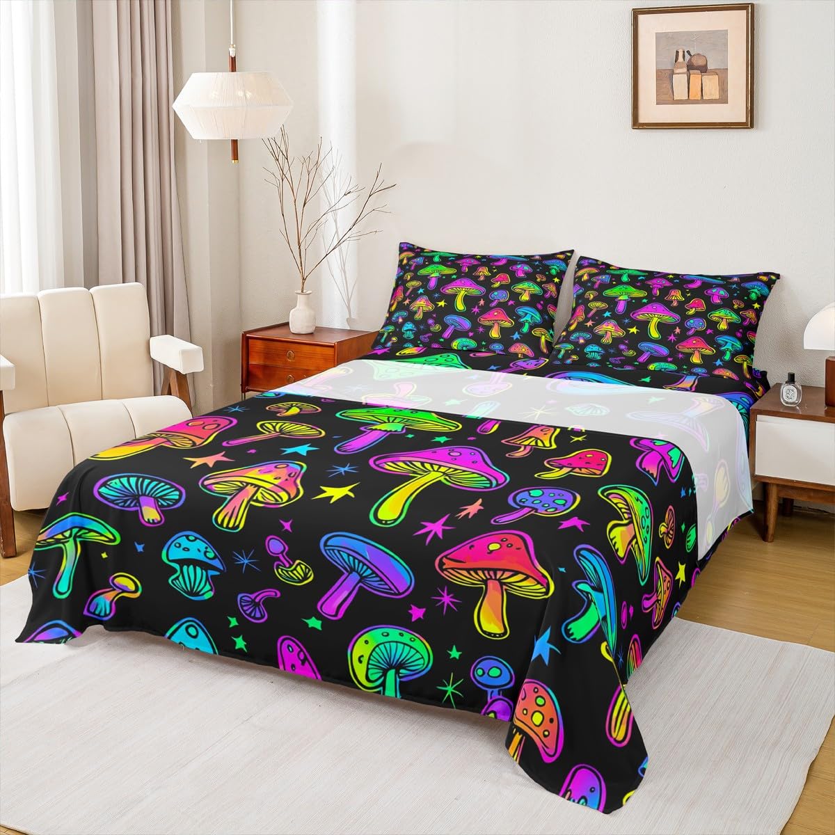 Cute Mushroom Bed Sheets Queen,Purple Teal Mushrooms Sheet Set For Kids Girls Teens Women,Hippie Botanical Bedding Set Colorful Wild Plants Stars