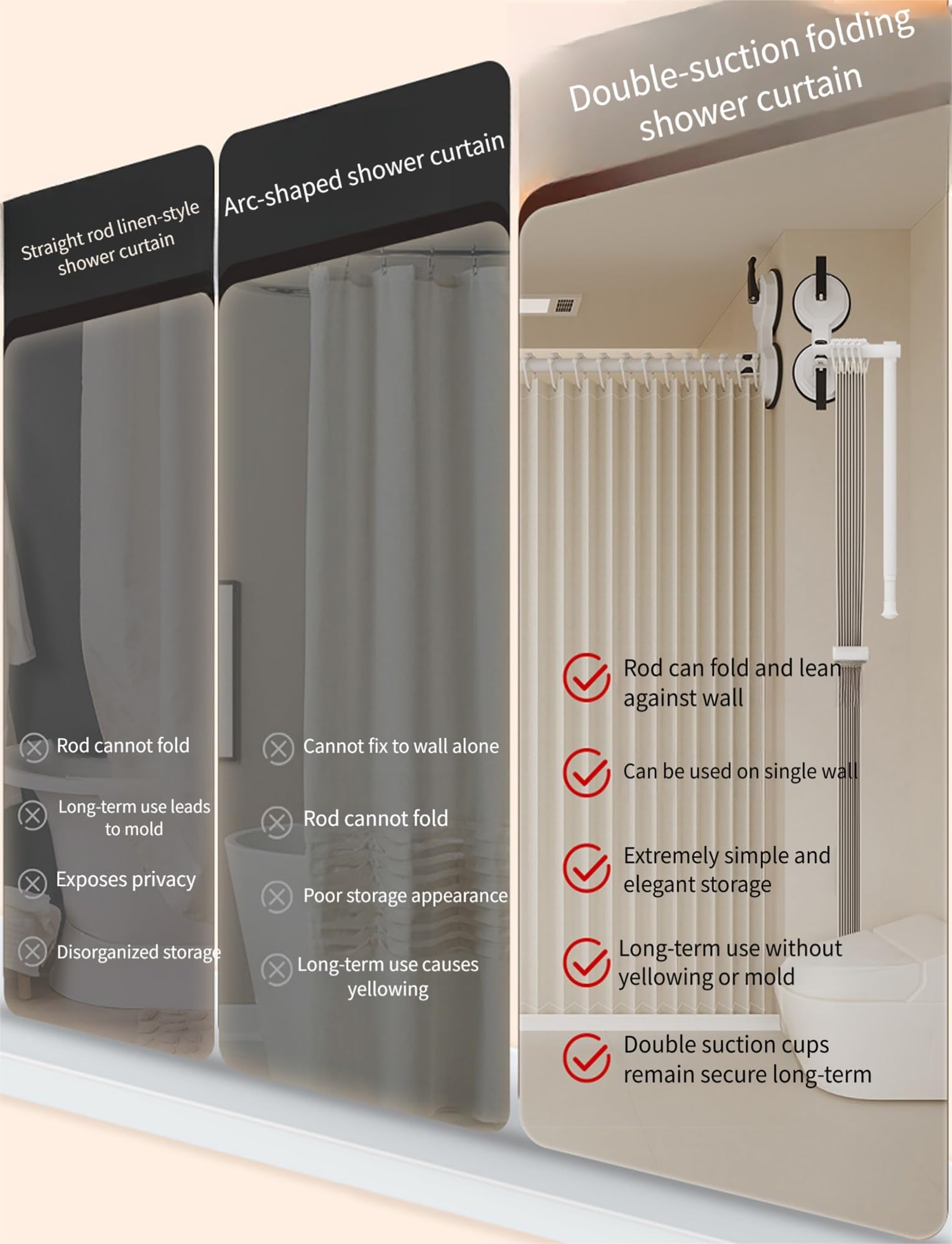 Cortina de ducha ajustable sin taladro, divisor de baño plegable impermeable con ventosas, barra de ducha extraíble para separación en húmedo y seco, fácil de instalar