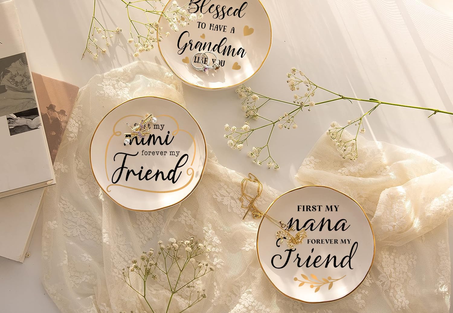 COLLECTIVE HOME - Bandeja de cerámica para joyas, regalo para abuela Mimi Nana, plato decorativo para joyas, anillos, aretes, collares, pulseras, relojes y llaves (first my mimi forever my friend)