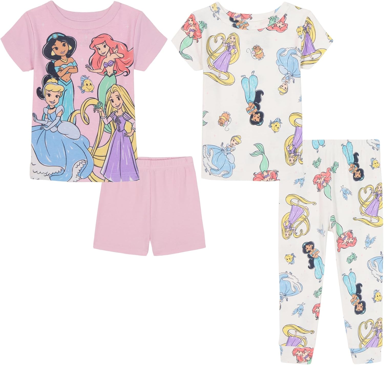 Disney Girls' 4-piece Snug-fit Cotton Matching Pajama Set, Soft & Cute for Kids