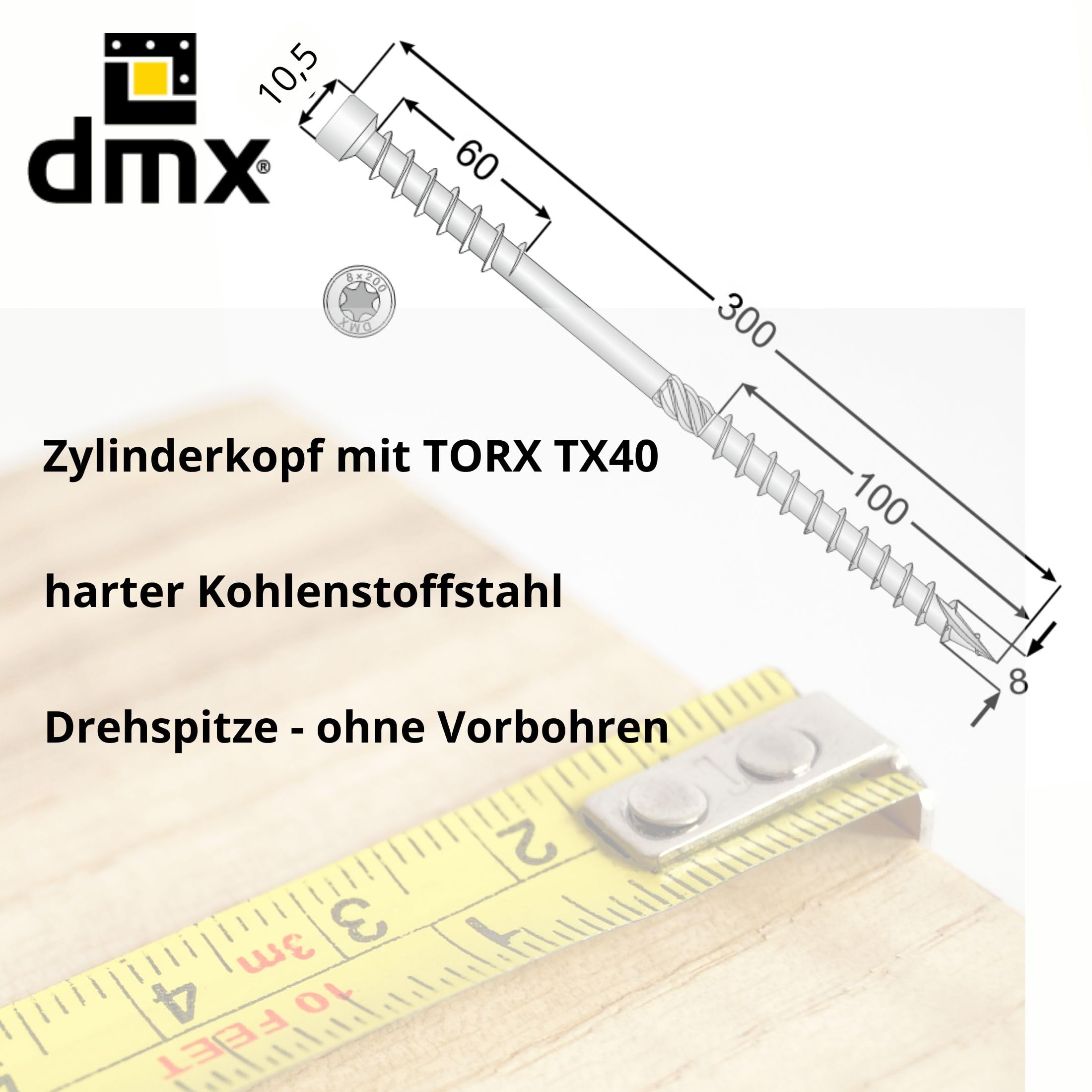 DMX Holzschrauben Torx - Zylinderkopfschrauben 8x300 - Doppelgewinde für Aufsparrendämmung - Konstruktionsschrauben - Schrauben Set 50 Stück - Doppelgewindeschrabe - Montageschrauben