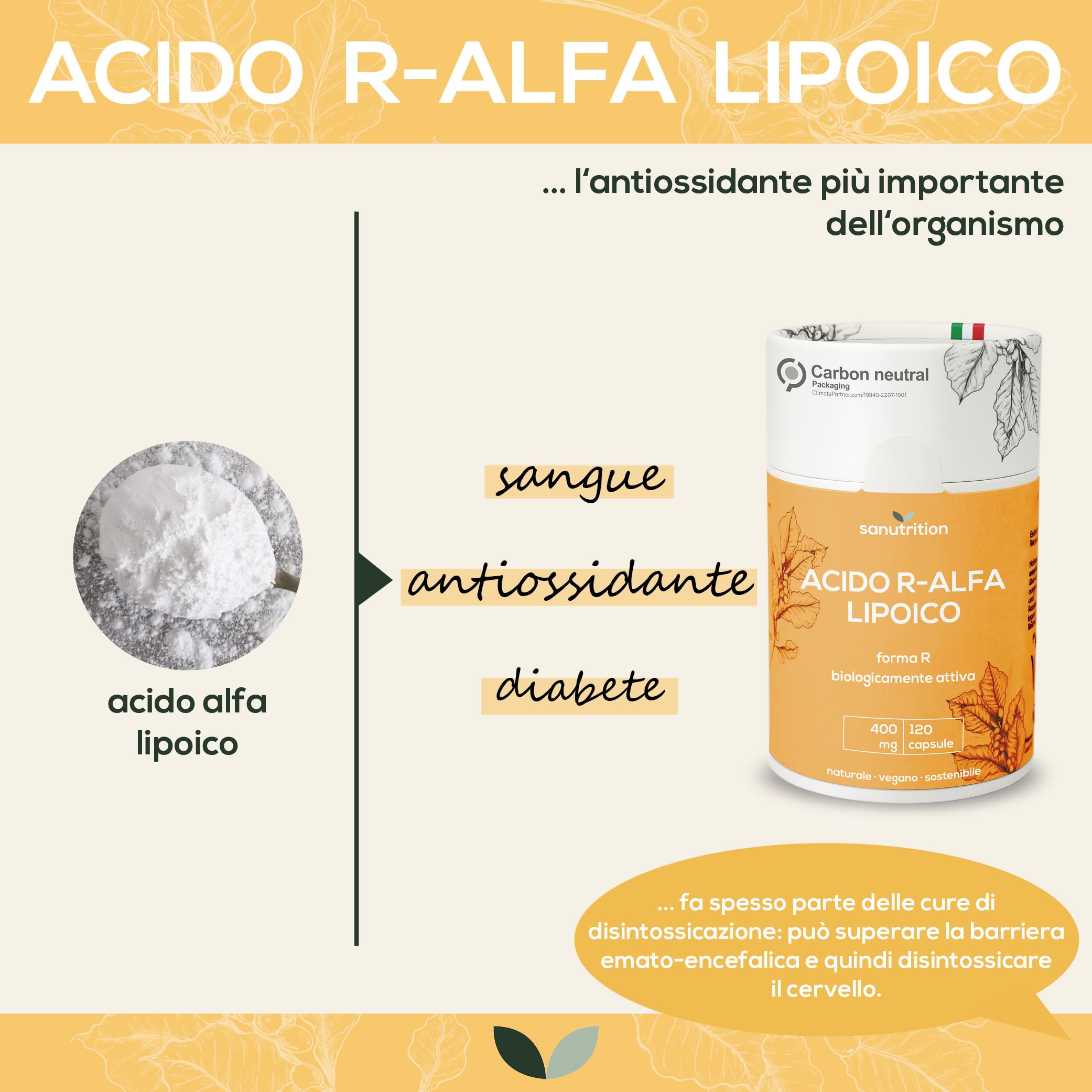 Acido R-alfa-lipoico 400 mg per capsula | 120 capsule | Altamente dosato | con una biodisponibilità particolarmente buona | Vegano | Confezione in carta ecologica al 100%