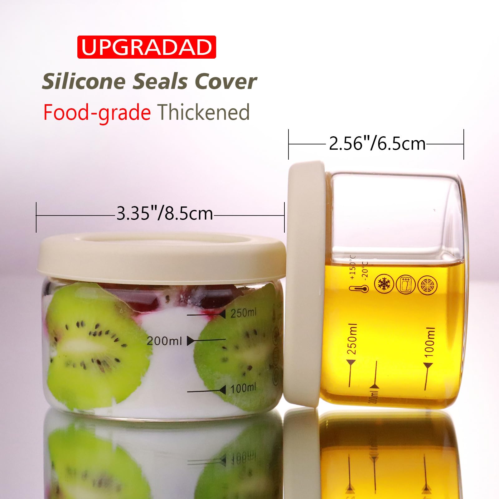 Vasos redondos de vidrio de pudín de 9 onzas, mini tazas de postre de vidrio con tapa, recipiente de comida de avena durante la noche con cubierta de sello de silicona, cuencos para vasos 4