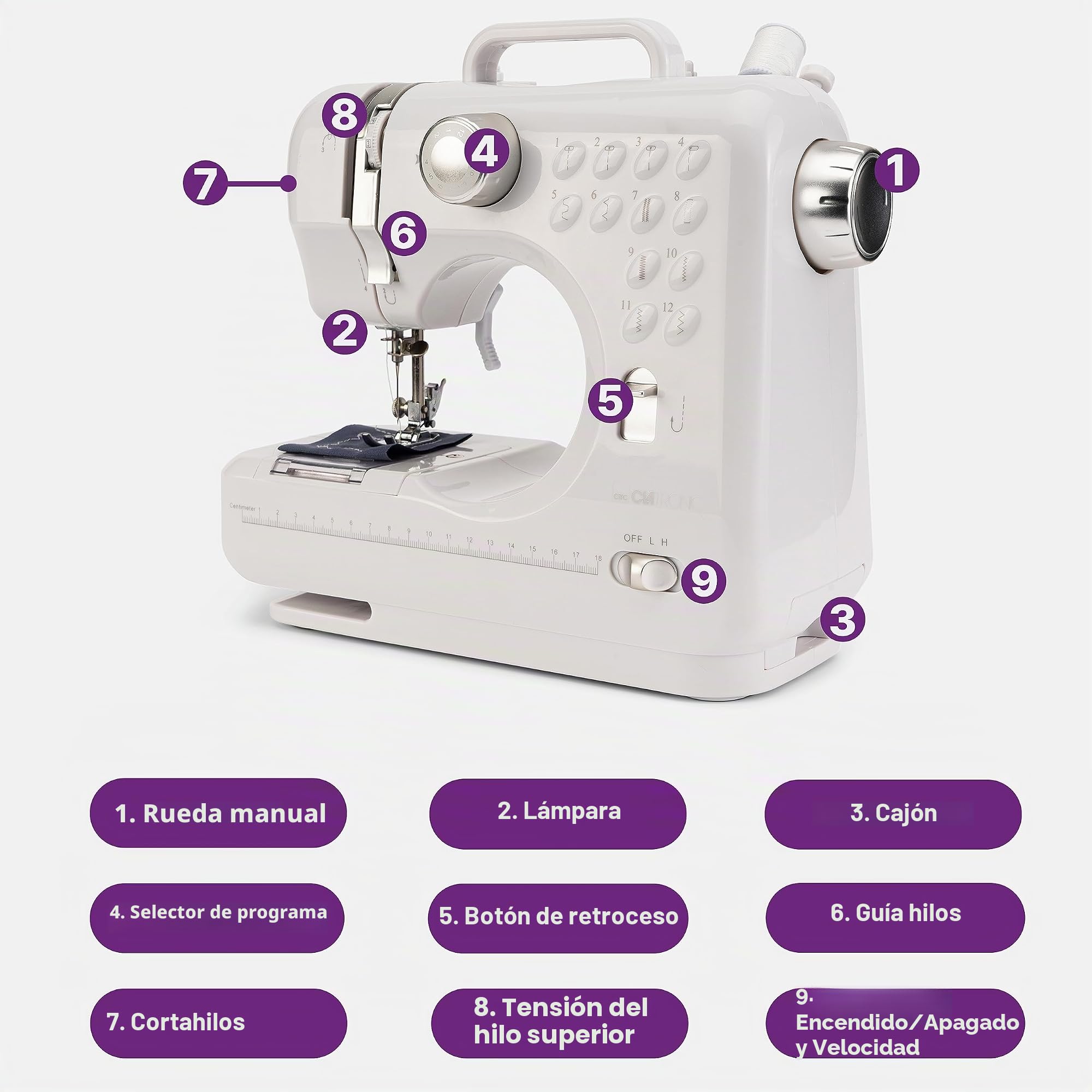 Clatronic Máquina de coser NM 3795 NM 3795 NM NM 3795 NM NM 3795 con 12 patrones de puntada, máquina de coser con función de costura delantera y trasera y 2 velocidades, funciona con baterías o red
