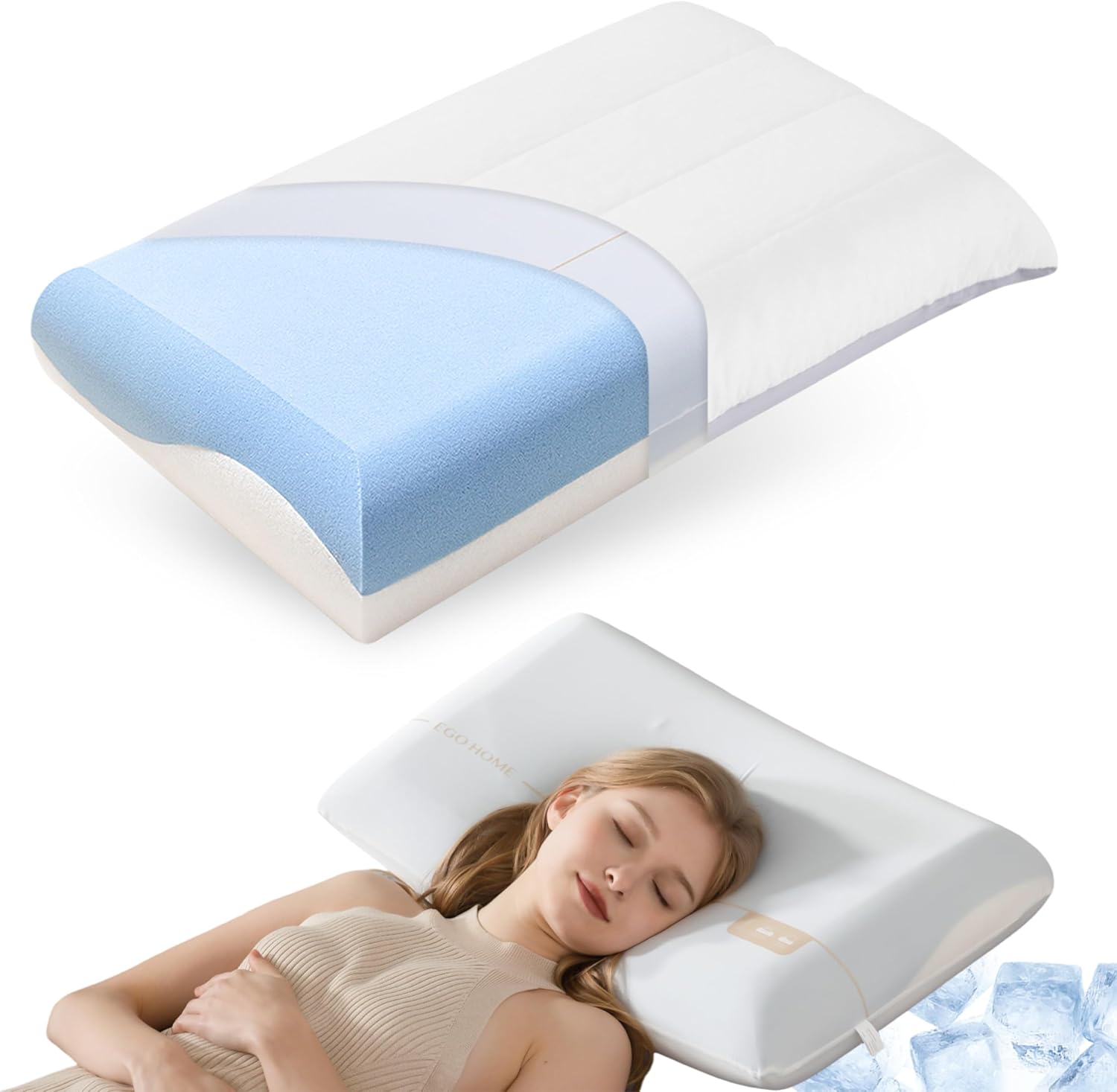 Cooling Memory Foam Pillow for Sleeping, Neck Pillow for Side, Back, Stomach Sleepers, Bed Pillow for Neck Pain Relief, Two-Sided Washable Reversible Cover, Standard Size (1 Pack, 5'') 26x16x5