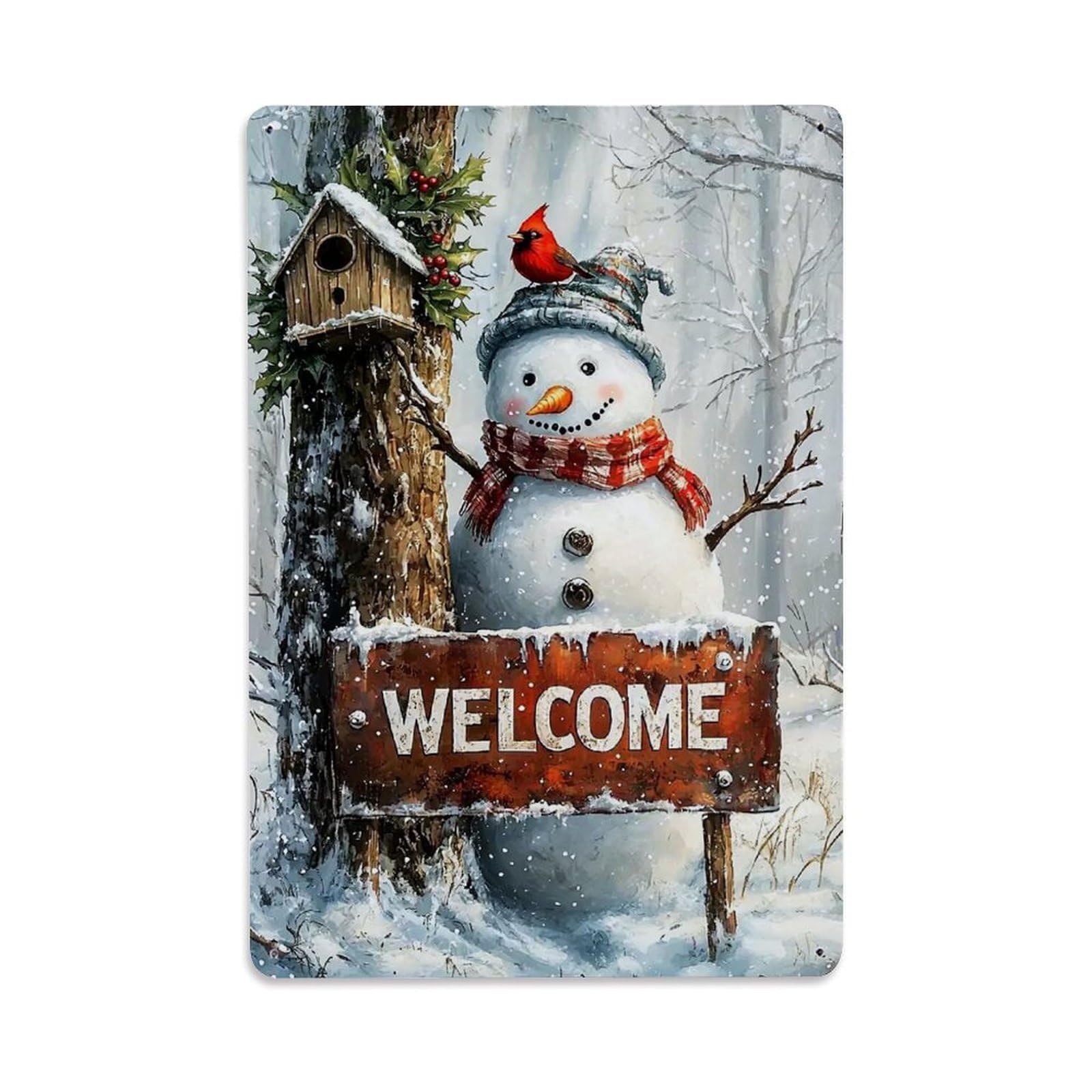 Jdfenggu Vintage Snowman Welcome Sign Winter Scene Retro Metal Tin Sign, Decor Art Poster For Bar, Home, Man Cave, Kitchen, Laundry Room Gift 8X12inch