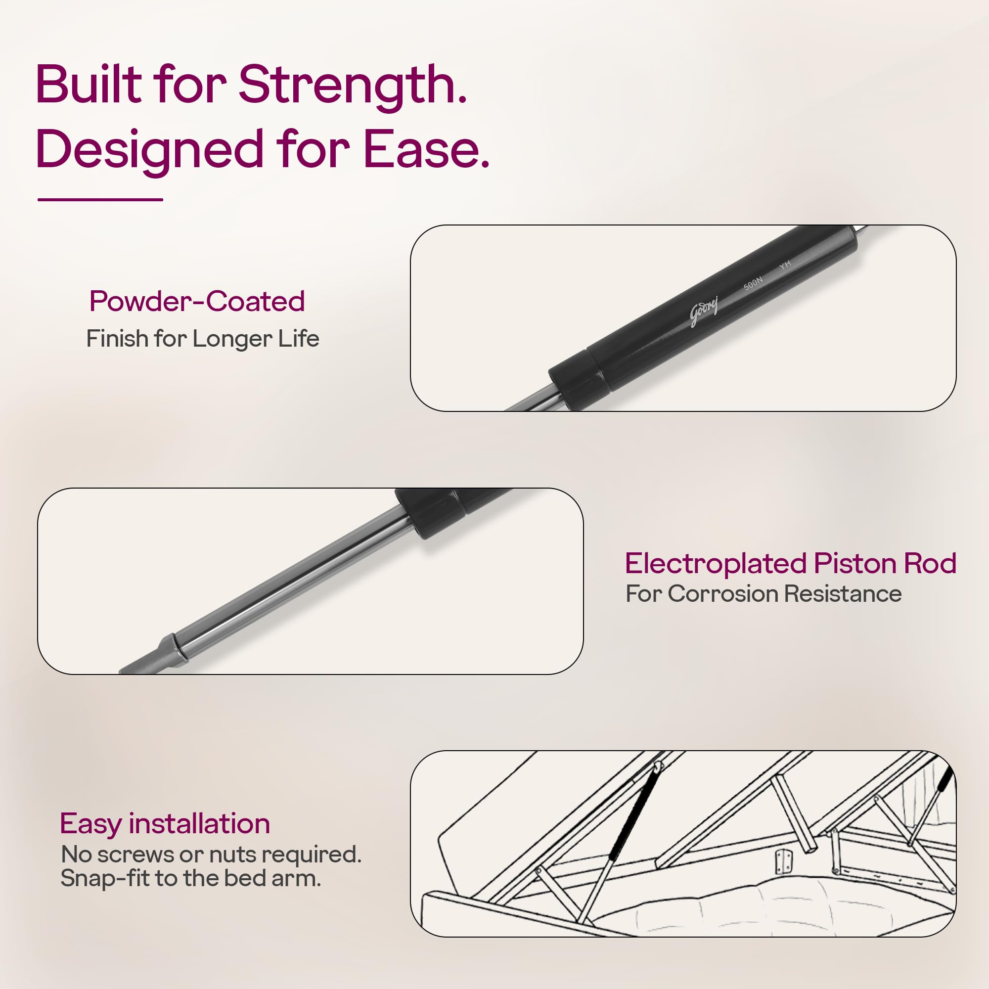 Godrej Furniture Fittings I Neulift Gas Spring Heavy Duty I 2000 N I Suggested Weight Capacity - 80 To 85 Kg I Accessories For Bed Fittings I Suitable For Storage Of Bed Unit I Grey Finish (1 Pair) 2
