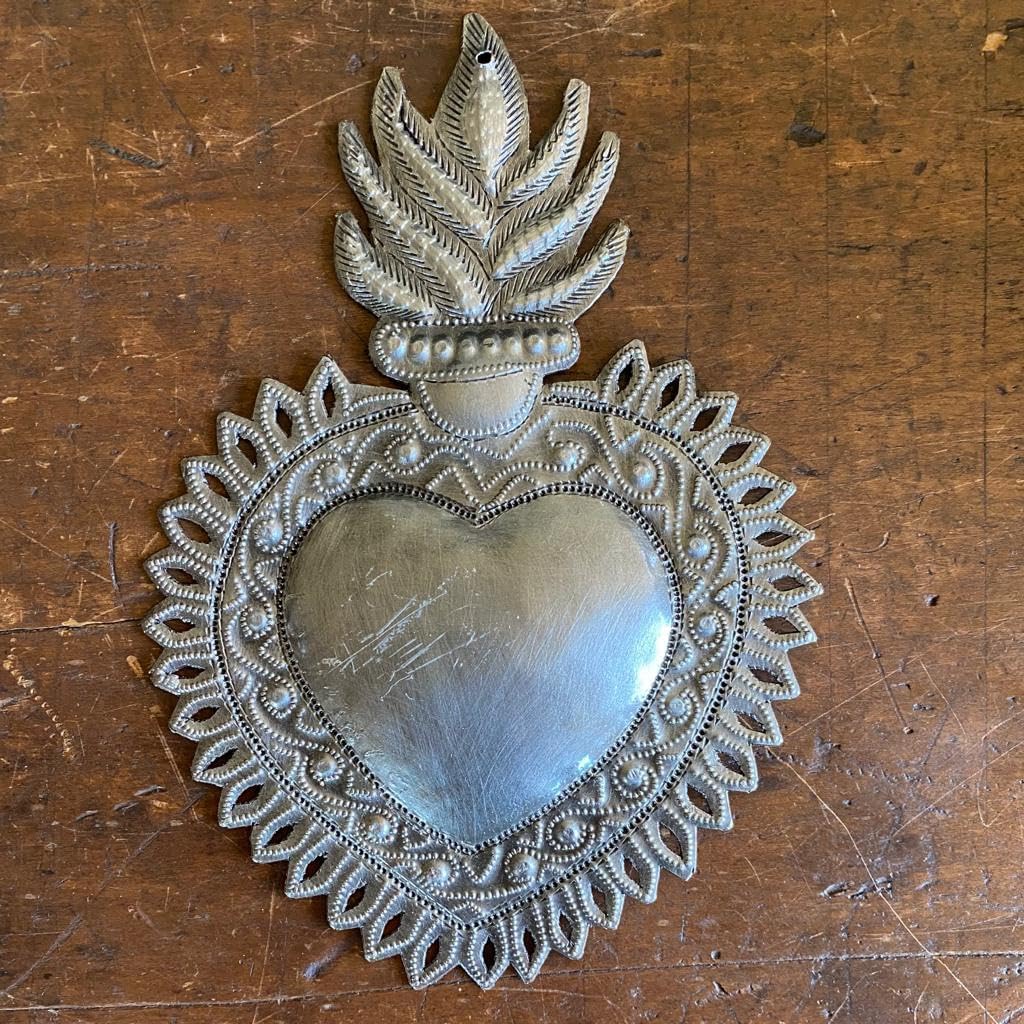 Metal Heart Wall Decor Milagro Flaming Heart, Handmade 7 x 10 Inches, Haiti, Ornament, Handmade, Unique Ornaments