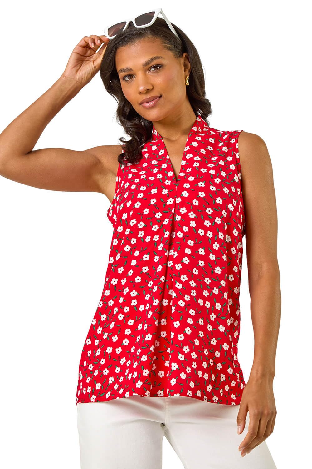 Roman Originals Women's Red Pleated Vest Tank Top Sleeveless Blouse Shirt Tunic Summer Autumn Holiday V-Neck Work Office Cocktail Party Special Occassion Going Out - Size 16