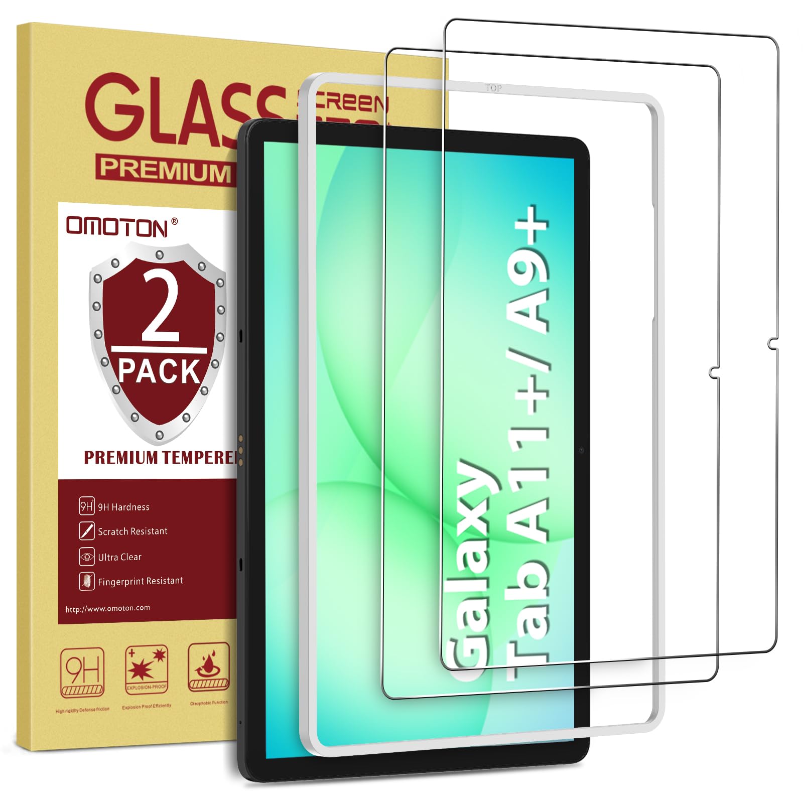 OMOTON Screen Protector for Samsung Galaxy Tab A9 Plus 5G Tablet, [2 Pack] /Case Friendly/Alignment Frame/Tempered Glass (11 Inch, 2023 Released), Not