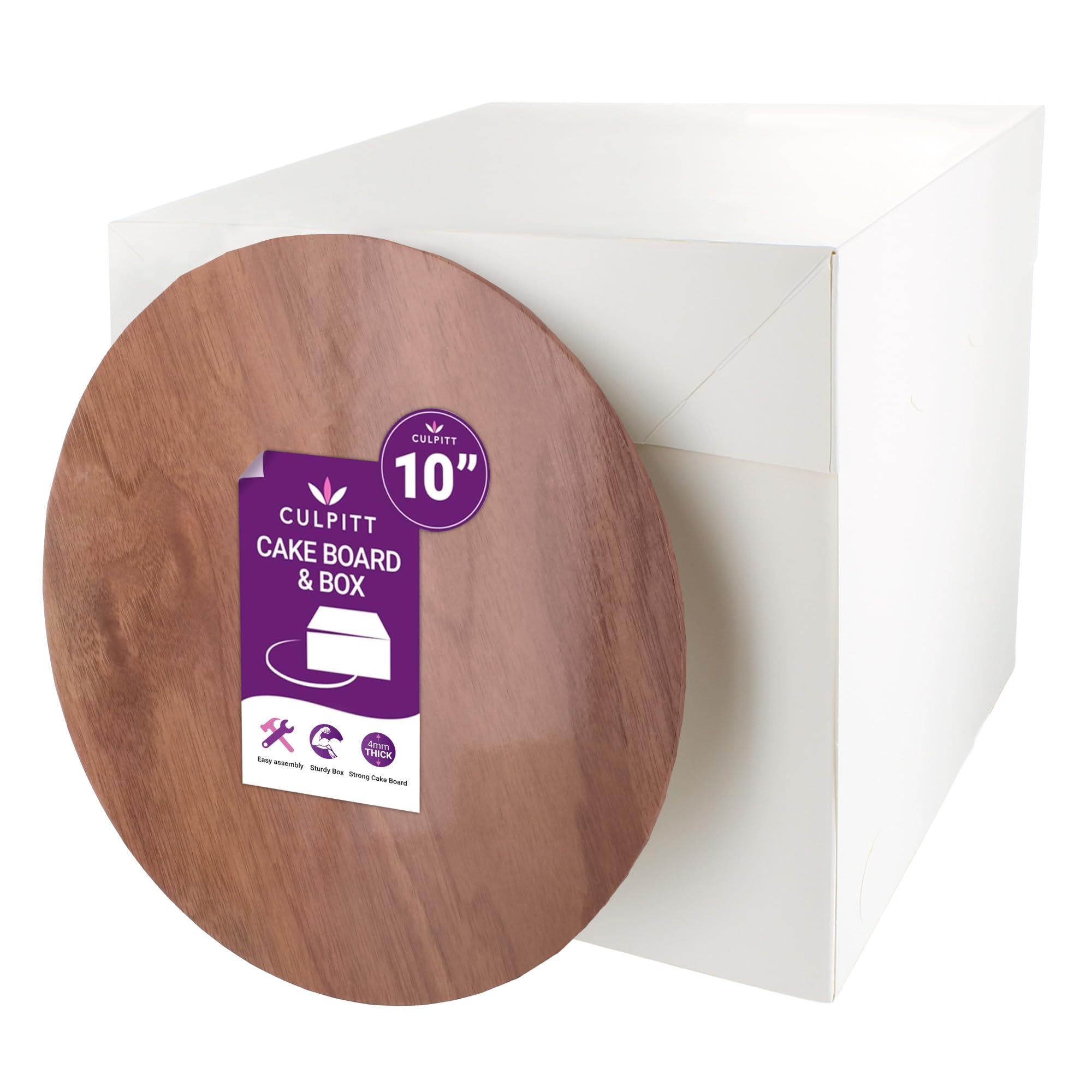 Culpitt Wood Effect Cake Board & Tall Cake Box Set | 10" | 10 x 10 x 10 Inch Square Box and Matching Premium Masonite Cake Board, Extra Tall Box For Tiered or Decorated Cake Transport โ image 1