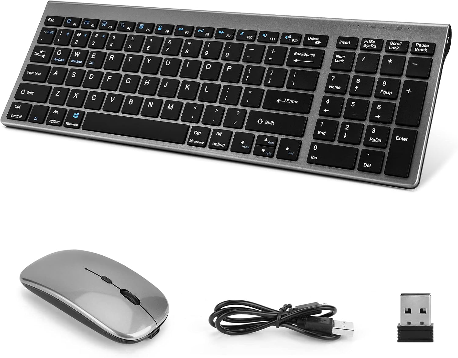 Holres Teclado y Raton Inalámbrico PC 2.4G Delgado Tamaño Completo Bluetooth Teclado Multidispositivo Recargable con Receptor USB Raton Silencioso para Laptop Windows Mac Android iPad ISO13, US Layout