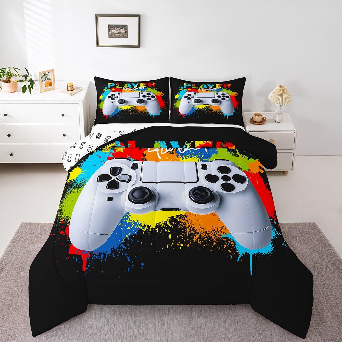 Feelyou Gamer Comforter Set Toddler Sizes for Boys Kids Gaming Comforter Teens Girls Colorful Rainbow Tie Dye Decor Video Games Controller Bedding Set Young Men Player Reversible Quilt Set 2Pcs