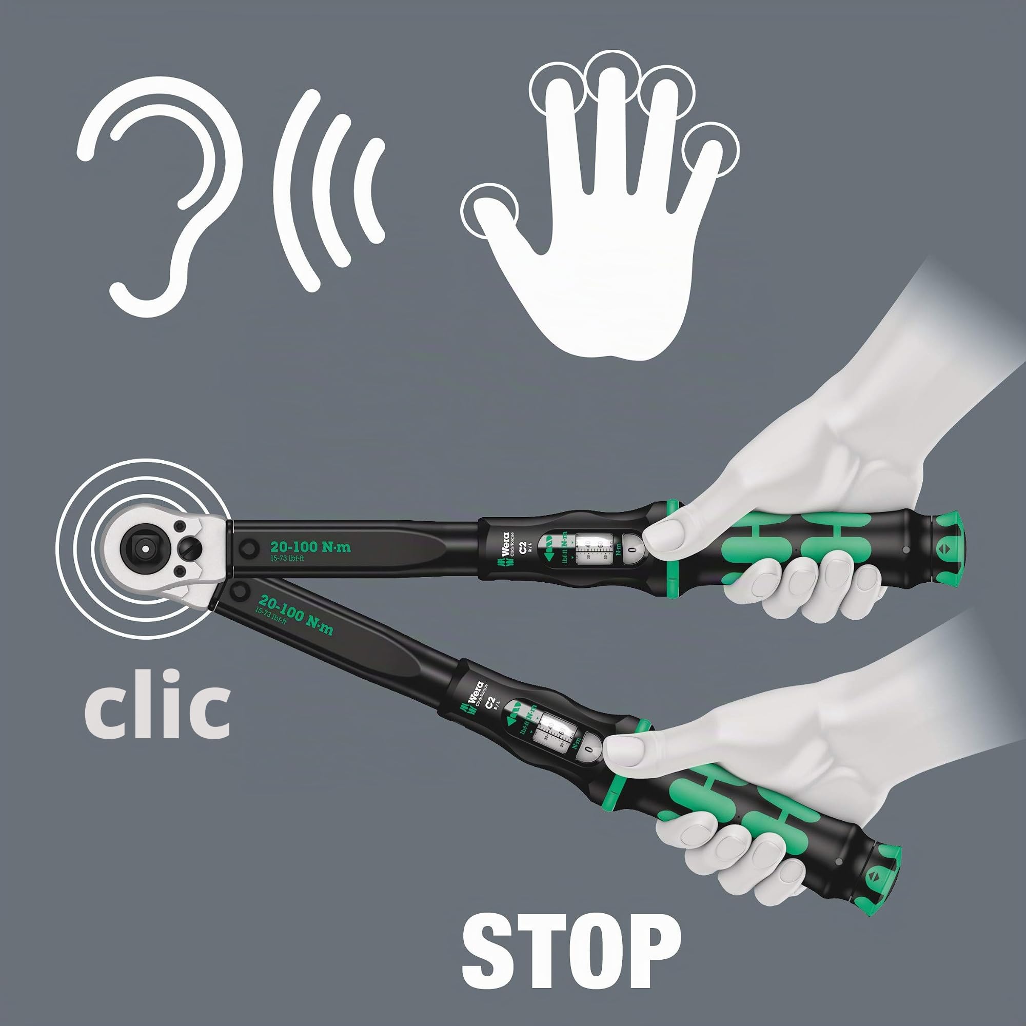 Wera Click-Torque C 2 Push R/L Llave dinamométrica para apriete a derecha e izquierda, 1/2", 20-100 Nm