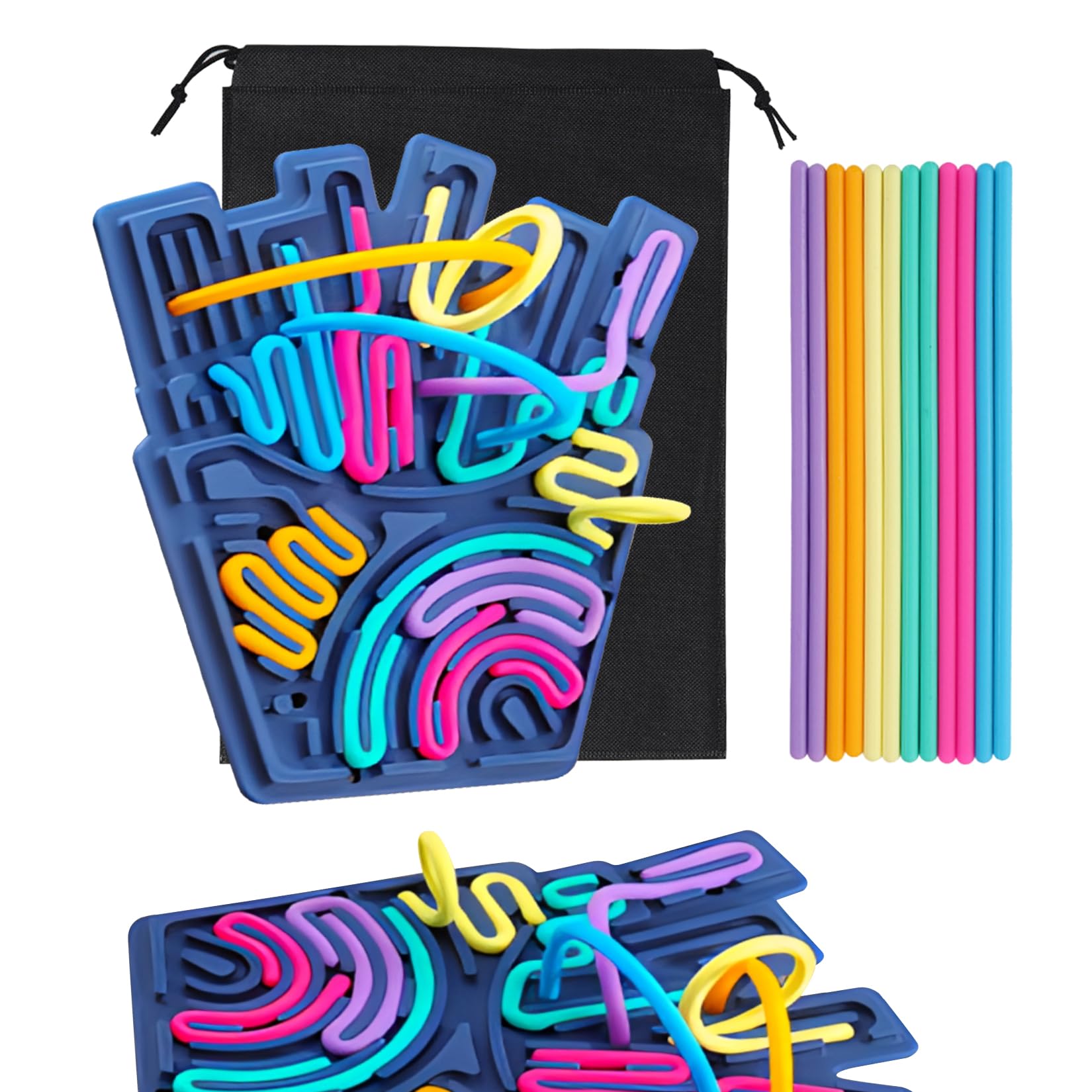 Tavola Sensoriale con Borsa da Viaggio e 12 Cordoncini Accessori Tavola Sensoriale Silicone Doppia Faccia Giocattolo Sensoriale per Bambini dai 3 Anni e Adulti Gioco D'attività (Blu Navy