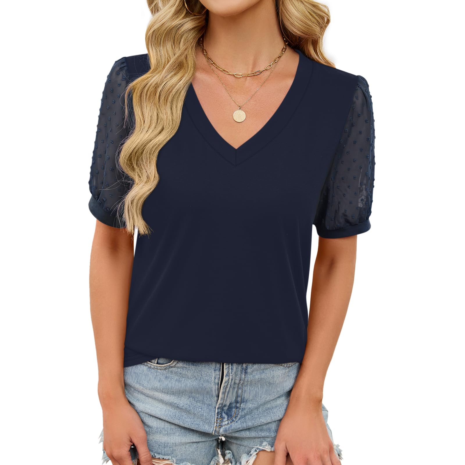Elesomo Damen Tshirt V-Ausschnitt Kurzarm T-Shirts Sommer Casual Oberteil Tops