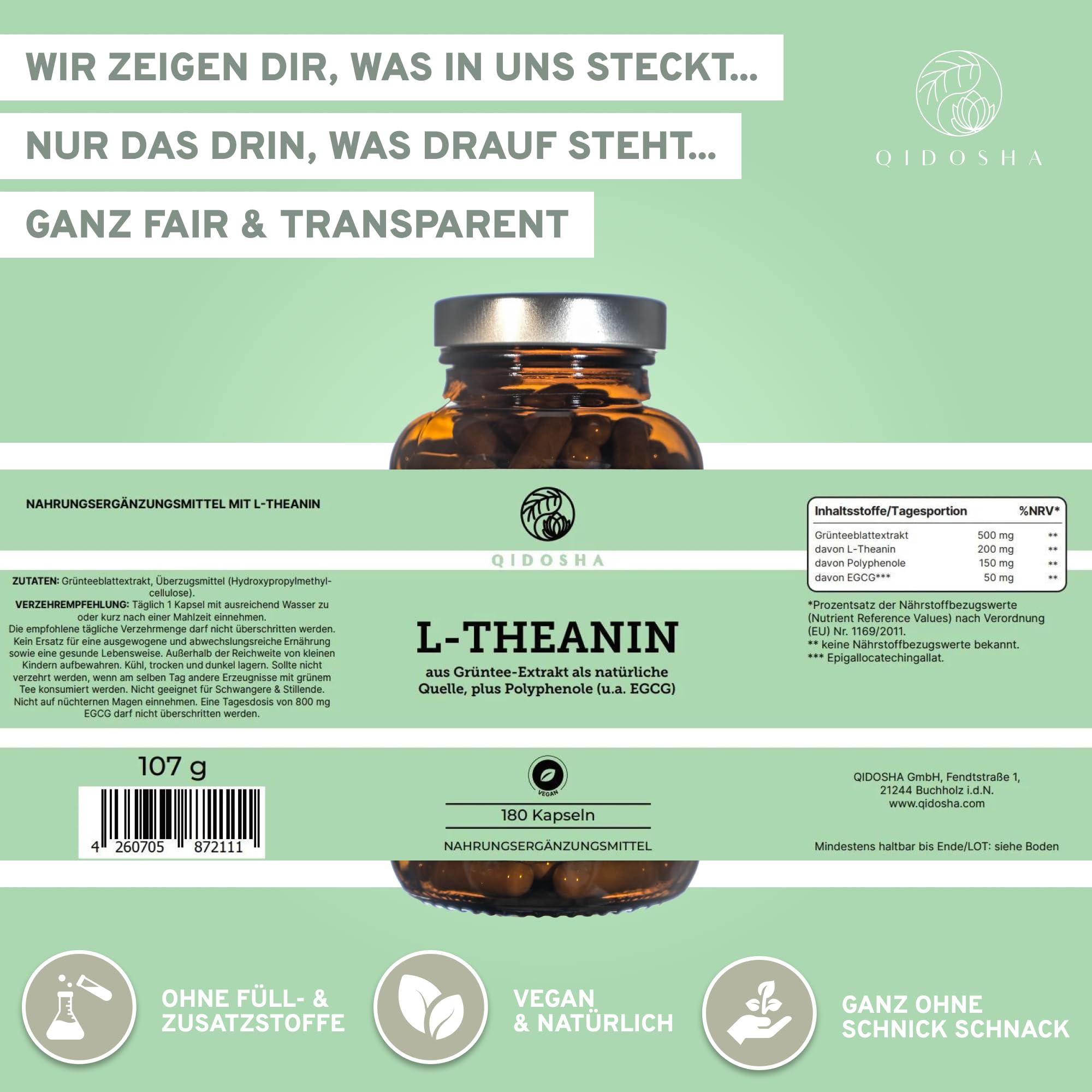 QIDOSHA® L-Theanin & EGCG aus Grüntee-Extrakt, 180 Kapseln im Apothekerglas, 500mg je Kapsel, davon 40% L-Theanin, 30% Tee-Polyphenole & 10% EGCG, Wirkstoffgehalt in externem Labor testiert