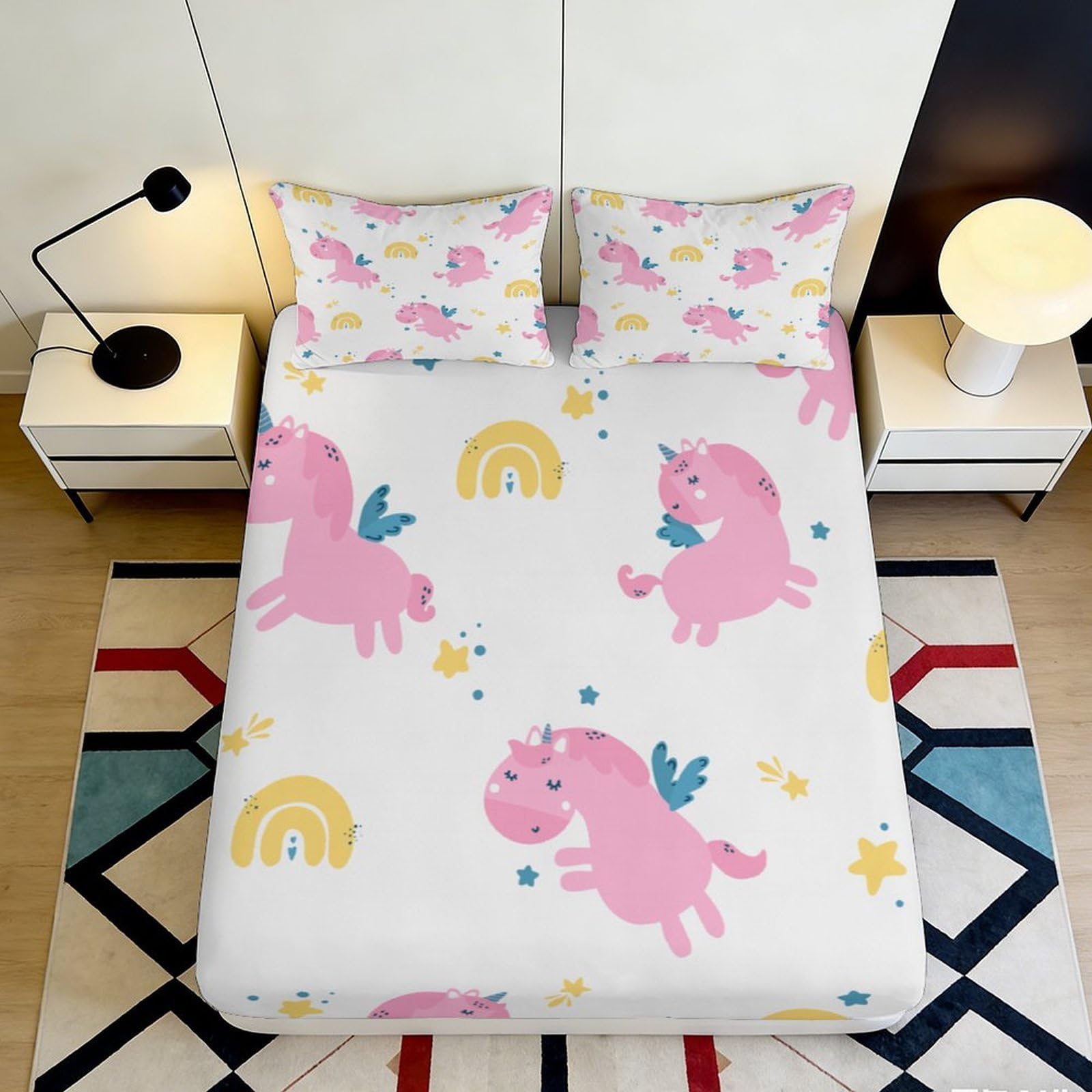3D Printed Pink Unicorn Fitted Sheet Microfiber Soft Breathable Rainbow Bed Cover for Bedroom Dormitory Guest Room Mattress Protection Decor 140x200x25cm