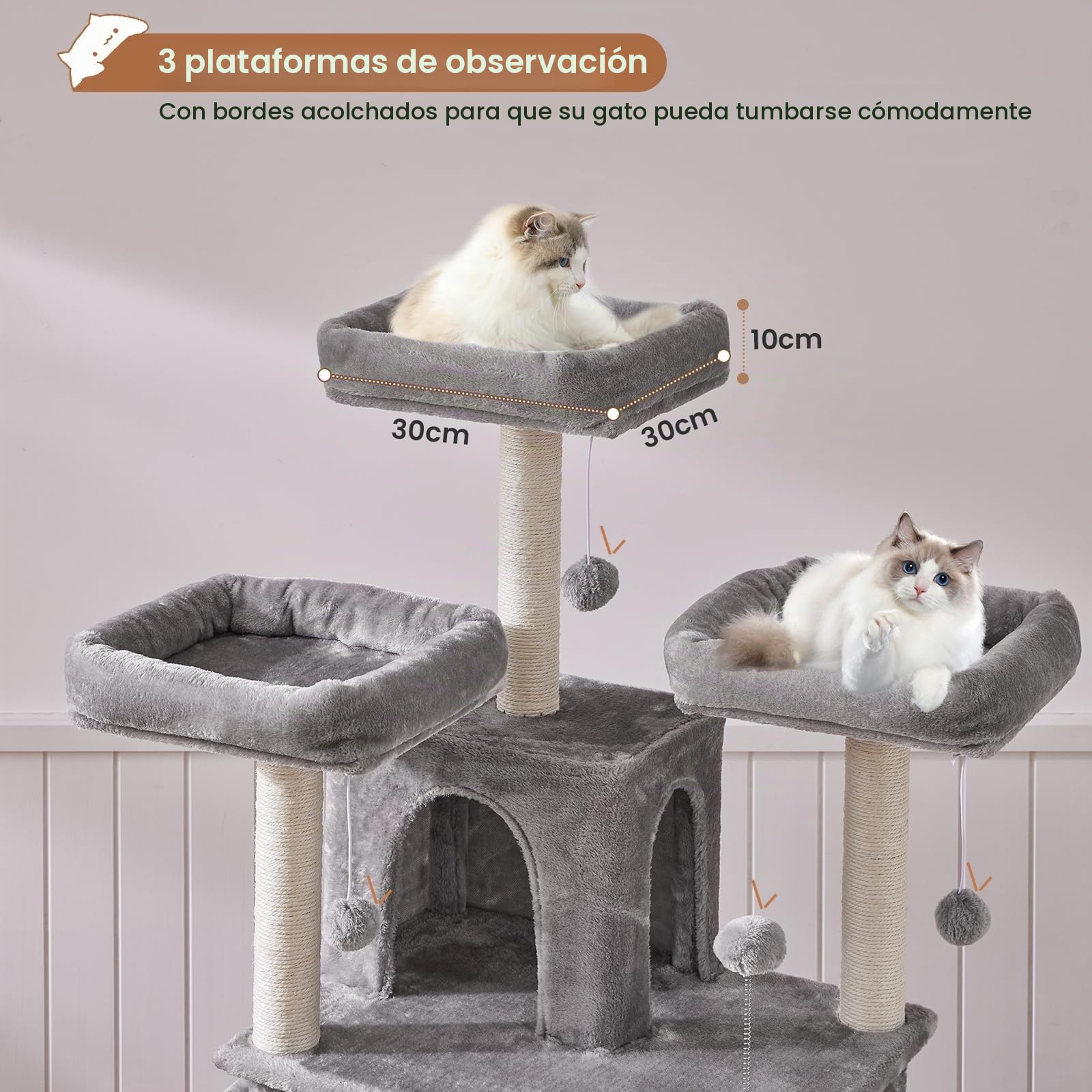 MSmask Rascador grande XXL, 175 cm, estable con 3 plataformas de observación, para gatos grandes, columna rascador con sisal, gris claro