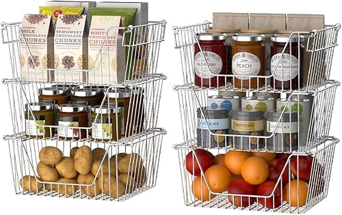 Miniatura 7 de Slideep Cestas de almacenamiento apilables negras de 14 pulgadas, resistentes de alambre de metal, organizador de gabinete para despensa y