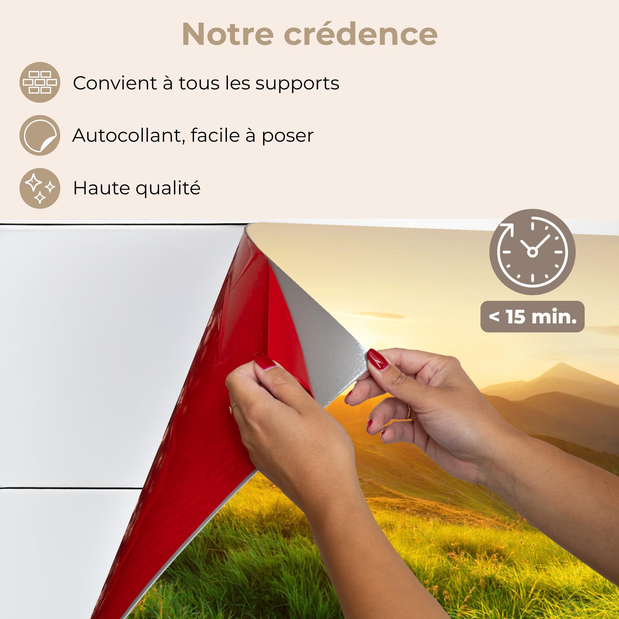 KitchenYeah© Credence Adhesive Pour Cuisine 40x60 cm Panneau Mural Adhesif Fond De Hotte Plaque Pvc Murale Peel And Stick Protege Mur Herbe - Collines - Soleil - Nature - Paysage